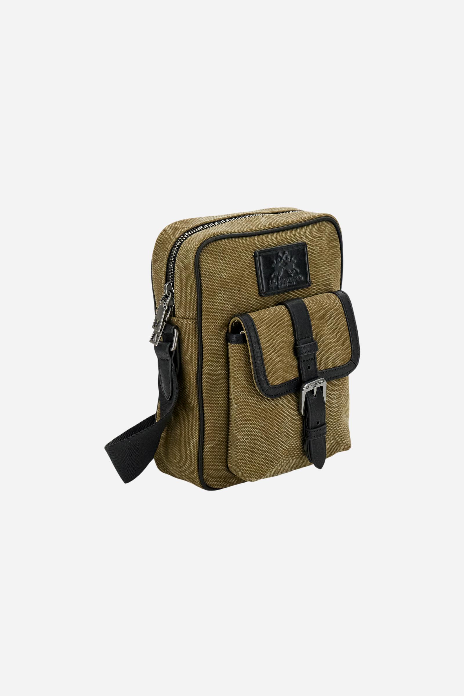 Men’s crossbody pouch in washed canvas with leather details, compact and functional with front pocket and metal logo buckle. - Green / Black