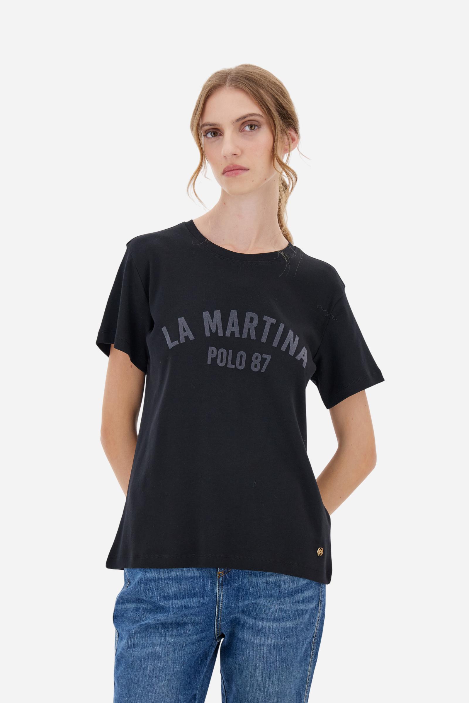 Women’s short-sleeve T-shirt in 100% cotton ribbed jersey. Crew neck model with contrast detail inside the neckline and maxi flock print of the brand logo on the chest in contrast colour. Slim fit. The model wears size 2. - Black