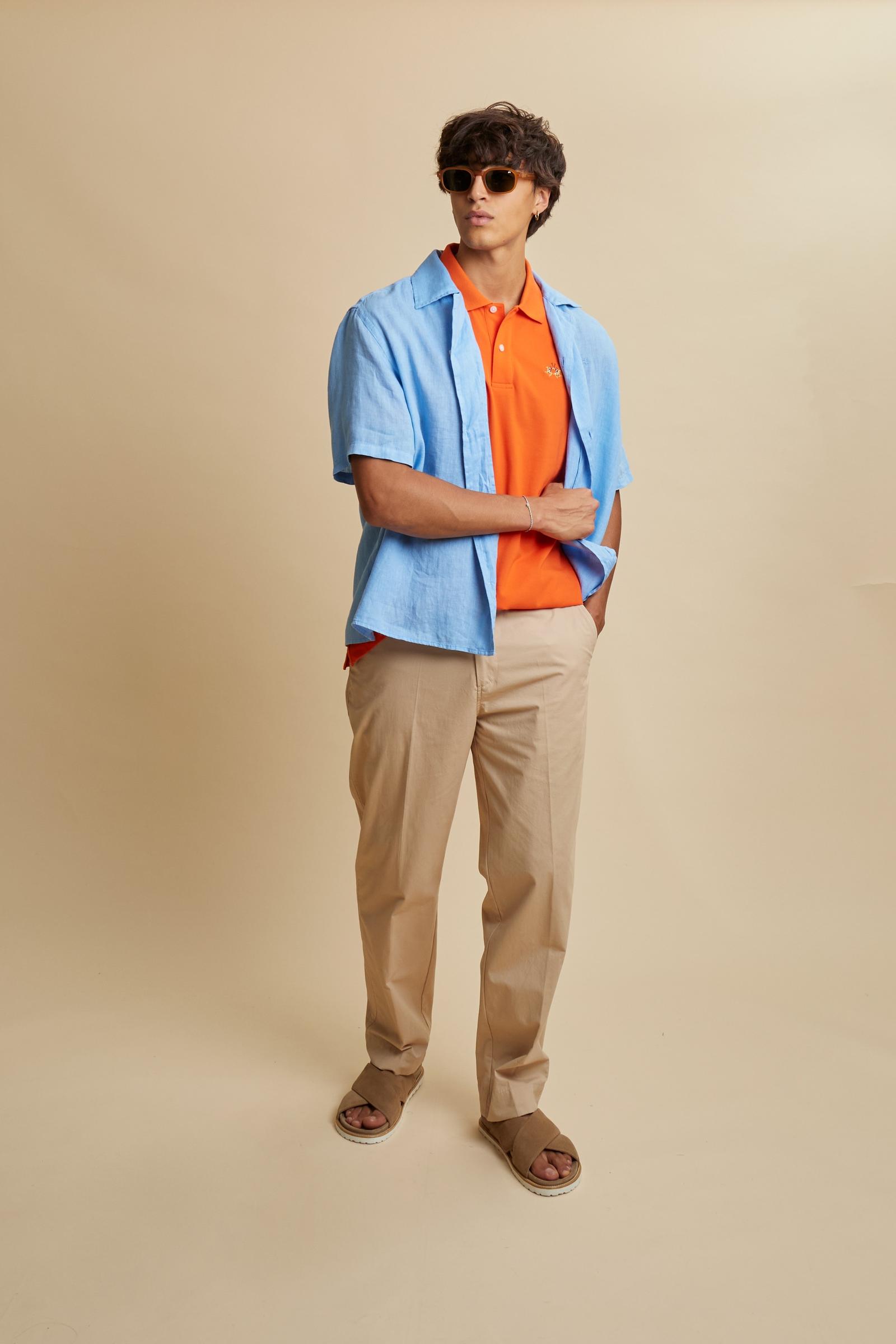 Men’s short-sleeve stretch piqué polo with regular fit. Contrast gabardine under-collar and iconic tricolor logo. - Flame