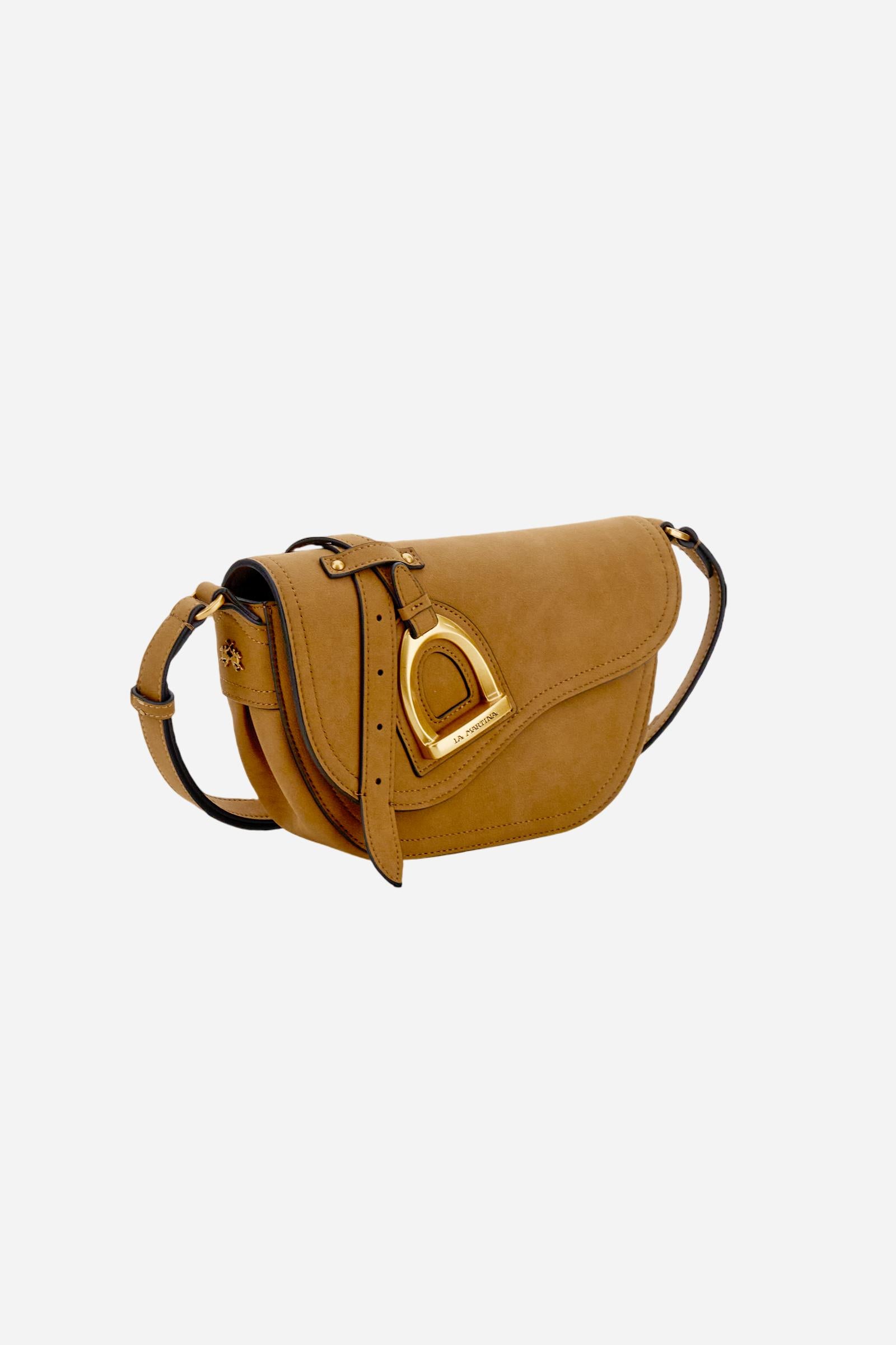 Small crossbody bag in nubuck. Compact and velvety, with flap and golden metal logo buckle. - PALISANDER