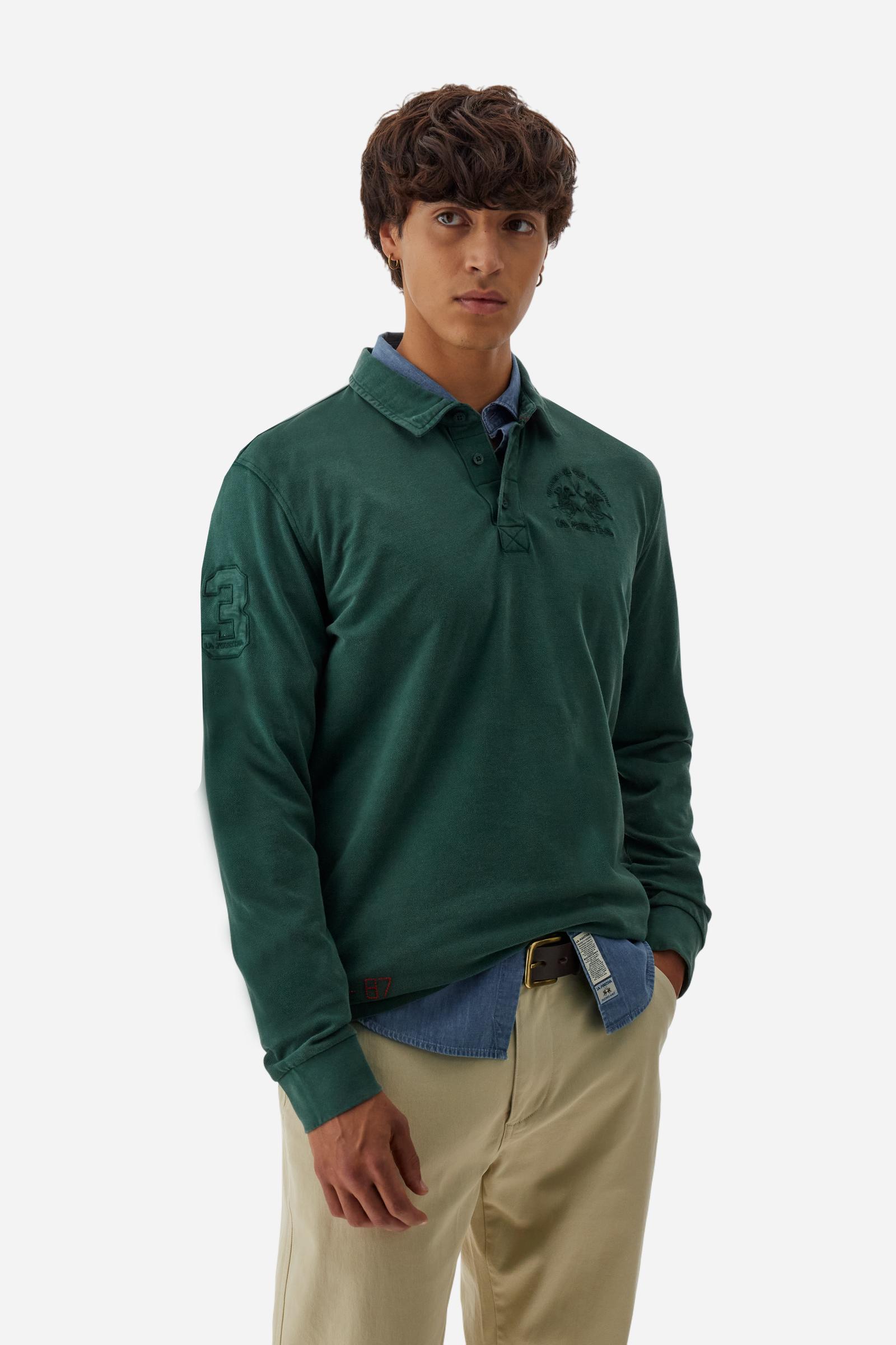 Men’s polo shirt in cotton piqué. Long sleeves, garment-dyed with pigments, tone-on-tone patches and embroidery. Regular fit. - Sycamore