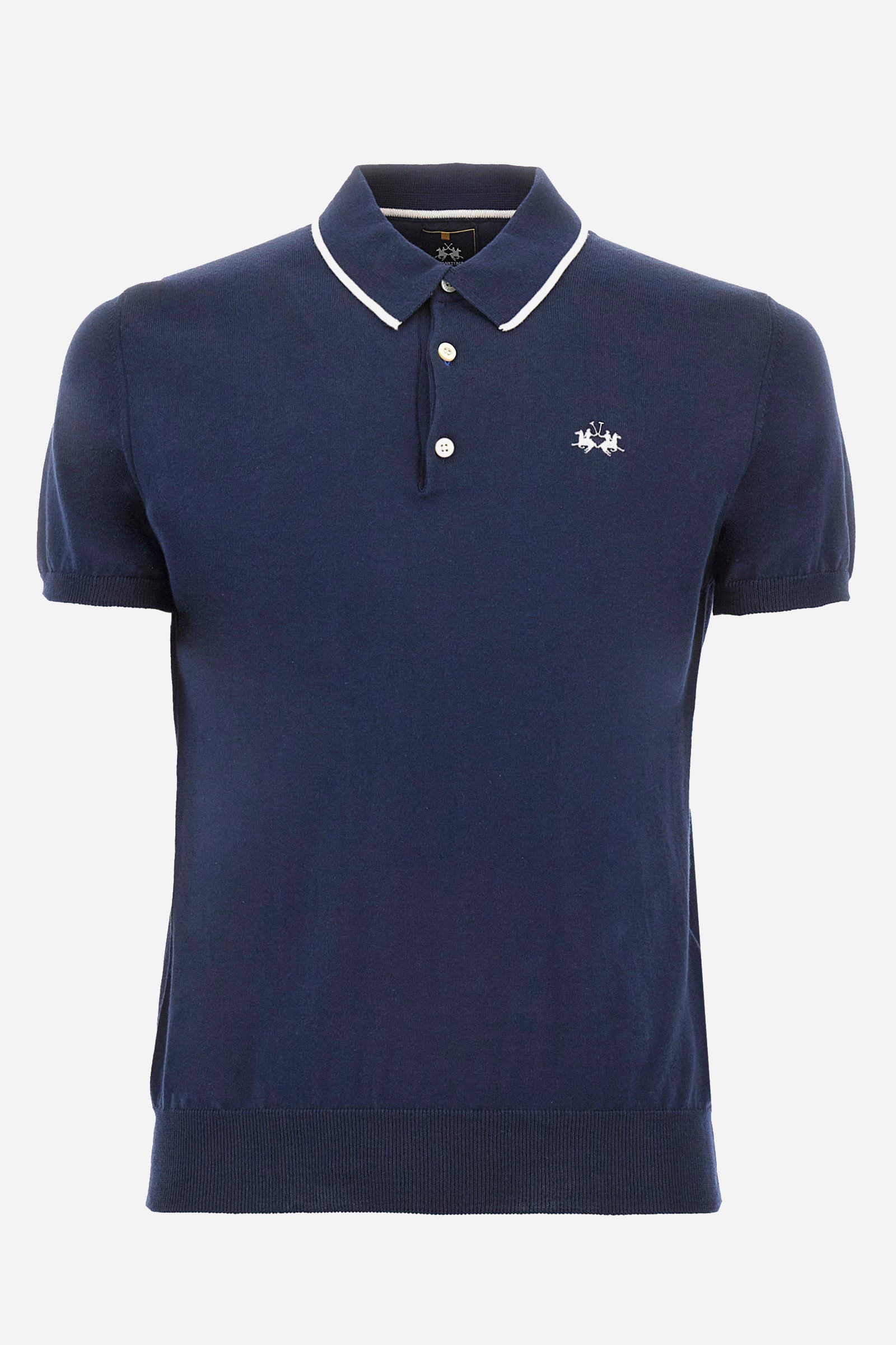 Men's short-sleeved, regular-fit polo-shirt in 100% soft cotton fabric. Classic collar with two buttons. Plain-coloured garment. A timeless wardrobe must-have from the Blue Ribbon Capsule Collection for everyday wear. The regular fit is suitable for any body type as the lines remain slim. Contrasting La Martina logo embroidered on the front. The model is 187 cm tall and wearing a size L. - Navy