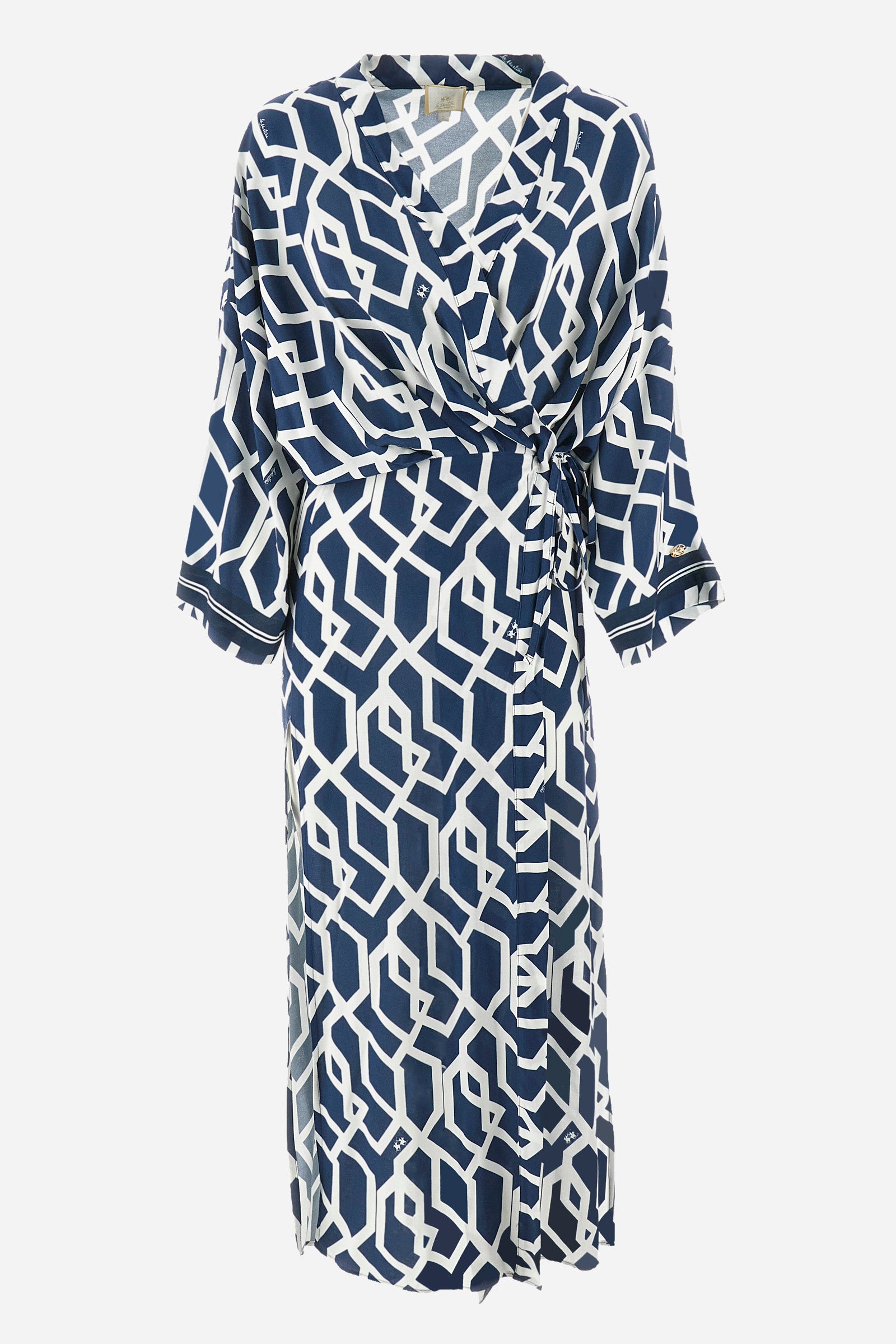 Women's kimono dress with 3/4 sleeves in a geometric print. In a synthetic fabric. V-neck. Tie at waist. Foot-length. Side slit. The logo is present on a metal plate sewn on one sleeve. The fit is regular. The model wears a size 2. - Orion blue/Off white