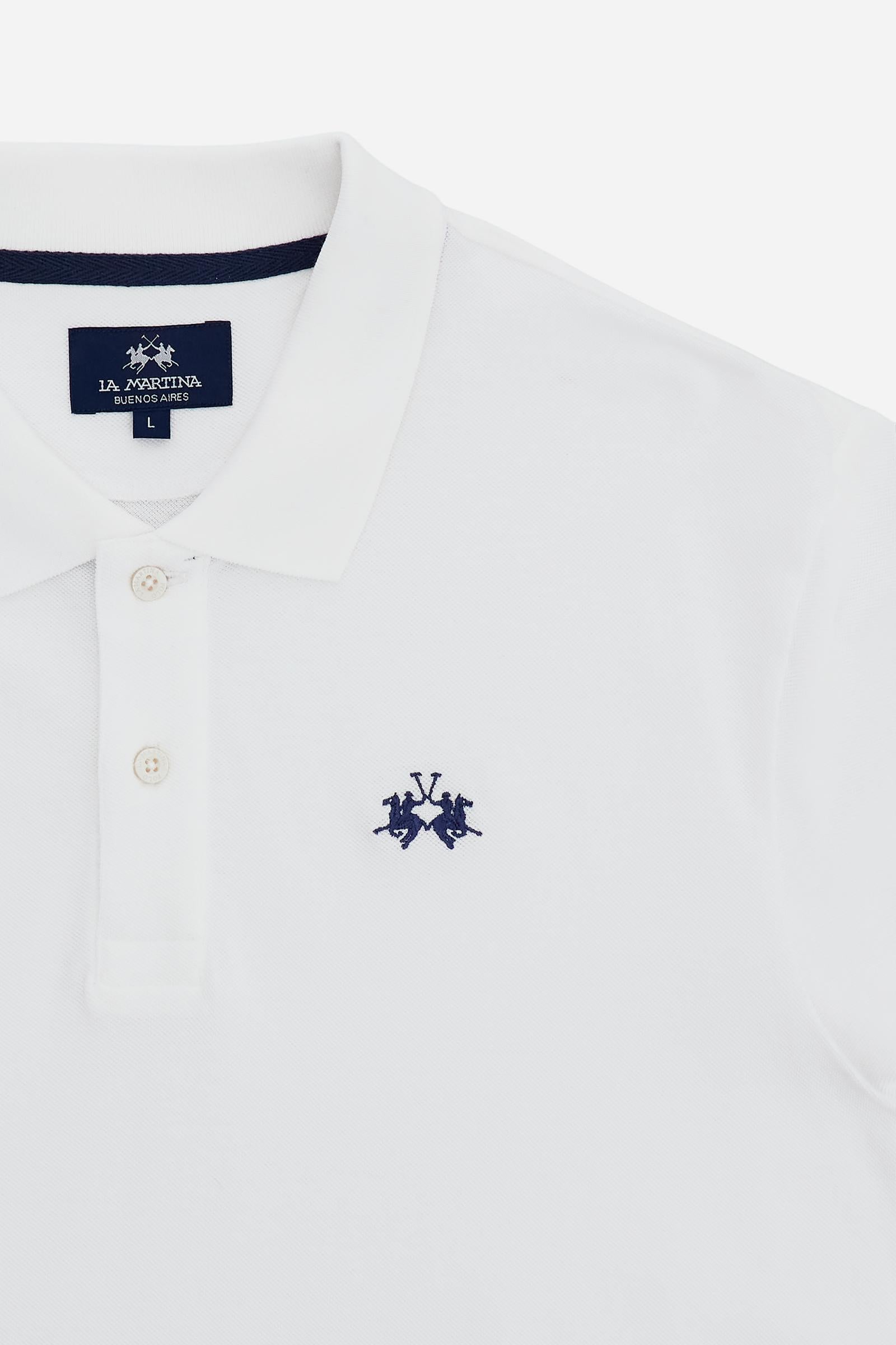 Men’s short sleeve cotton piqué polo shirt with regular fit, two-button placket and contrast brand logo. - Optic White
