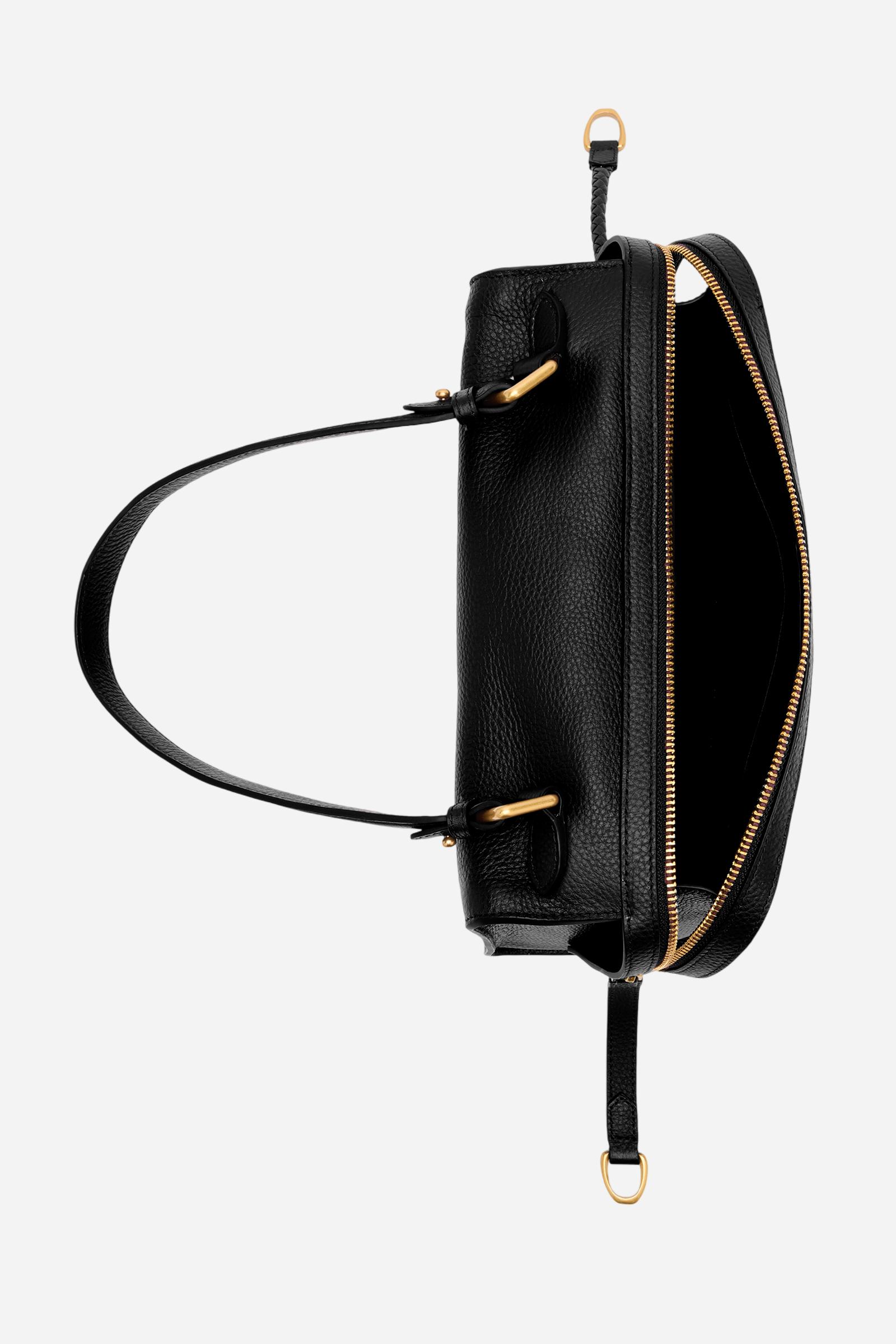 Compact full-grain leather shoulder bag with long handles and side zip pullers for a distinctive, modern design. - Black