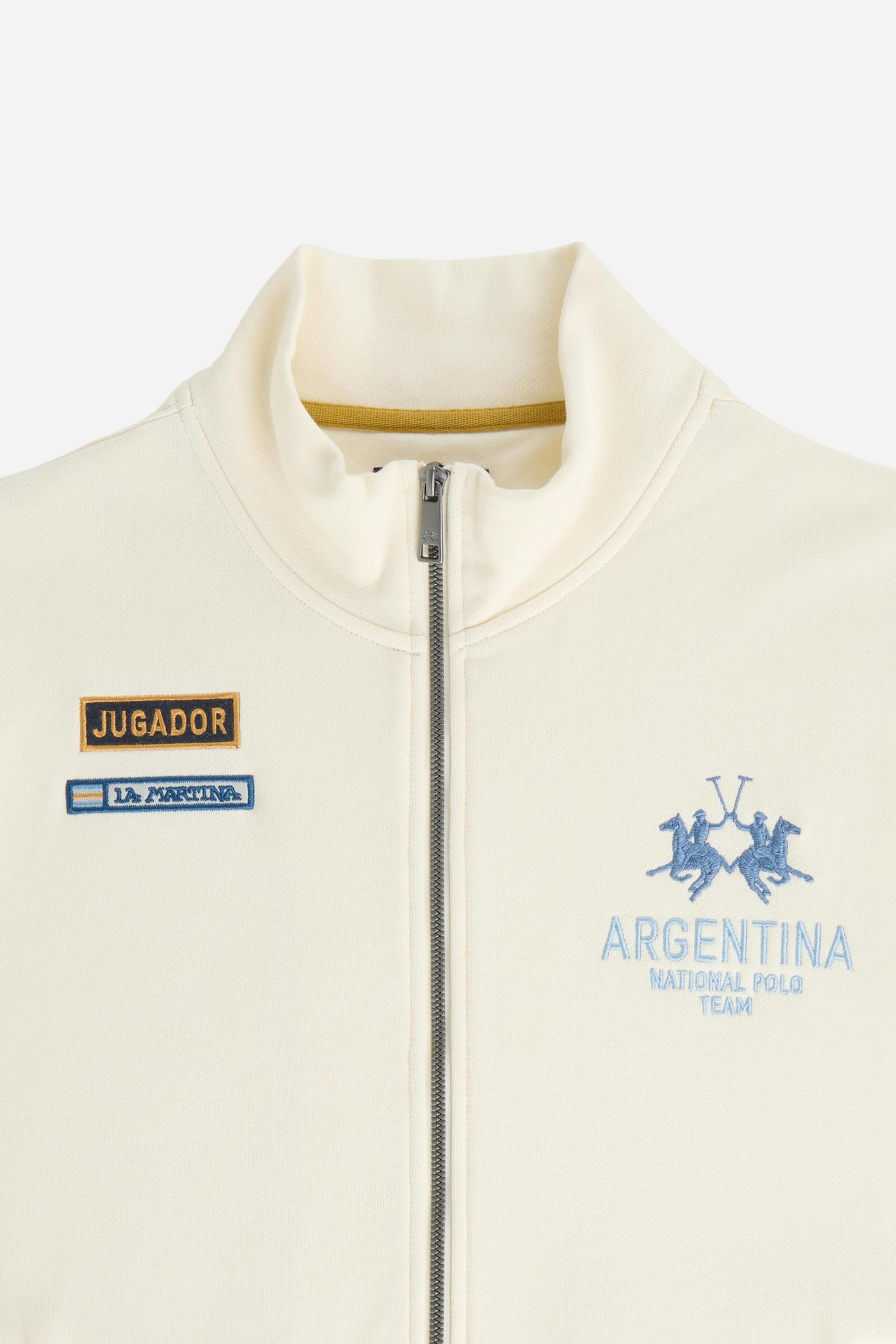 Men's long-sleeve sweatshirt in brushed cotton fleece with high collar, double-slider zipper, ribbed cuffs, embroidered Argentina Polo Team graphic, and side pockets. - Pristine