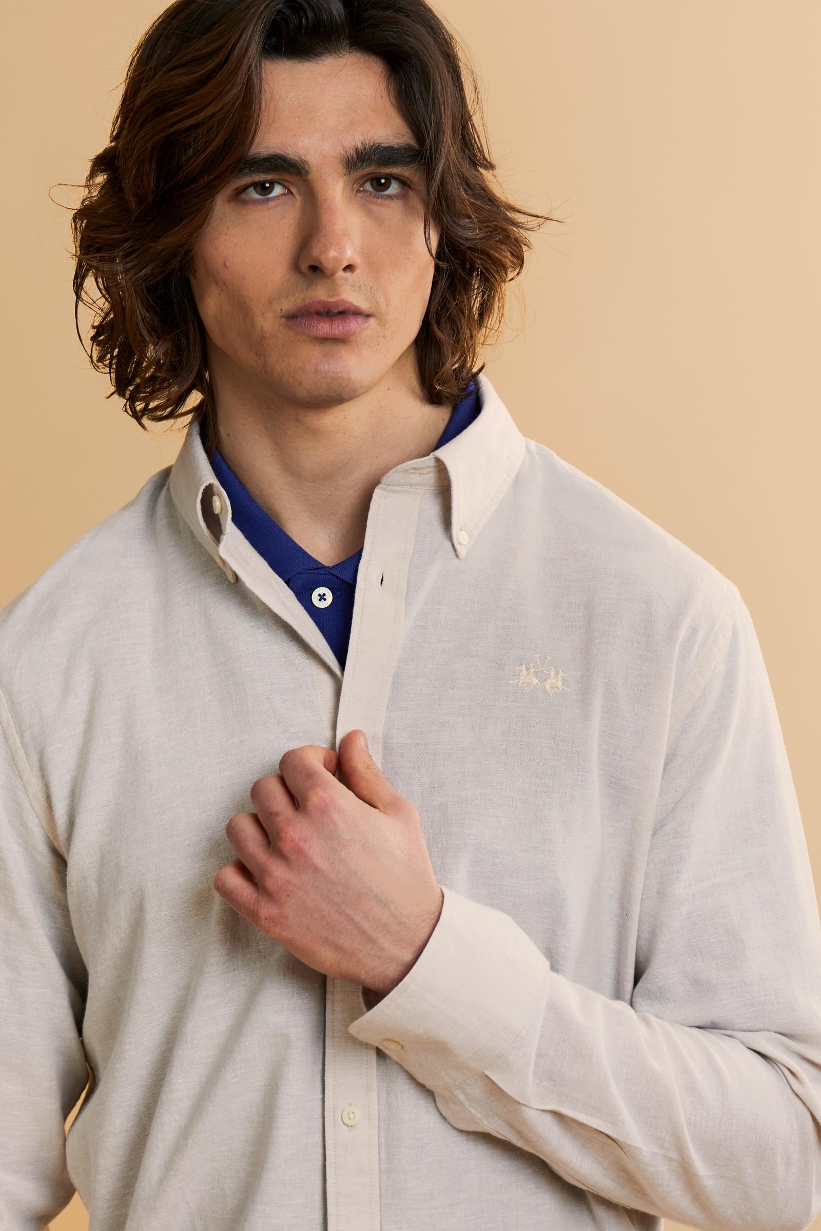 Men’s regular fit cotton and linen shirt with small logo - Rodolfo