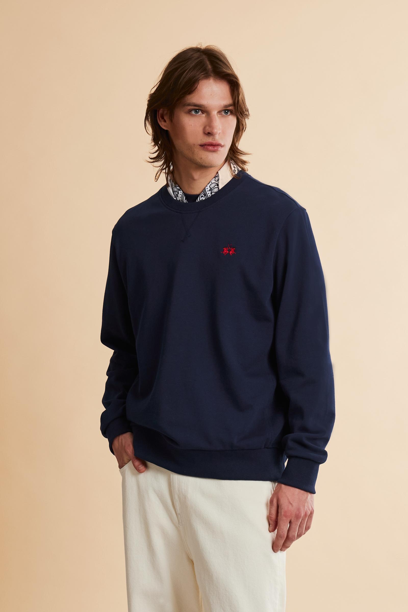 Men’s long-sleeve sweatshirt in soft cotton French Terry. Crew-neck, ribbed cuffs, regular fit, and V-detail under neckline. Timeless essential with logo. - Navy                                                                                                                                                                                                                                                                                                                                                               