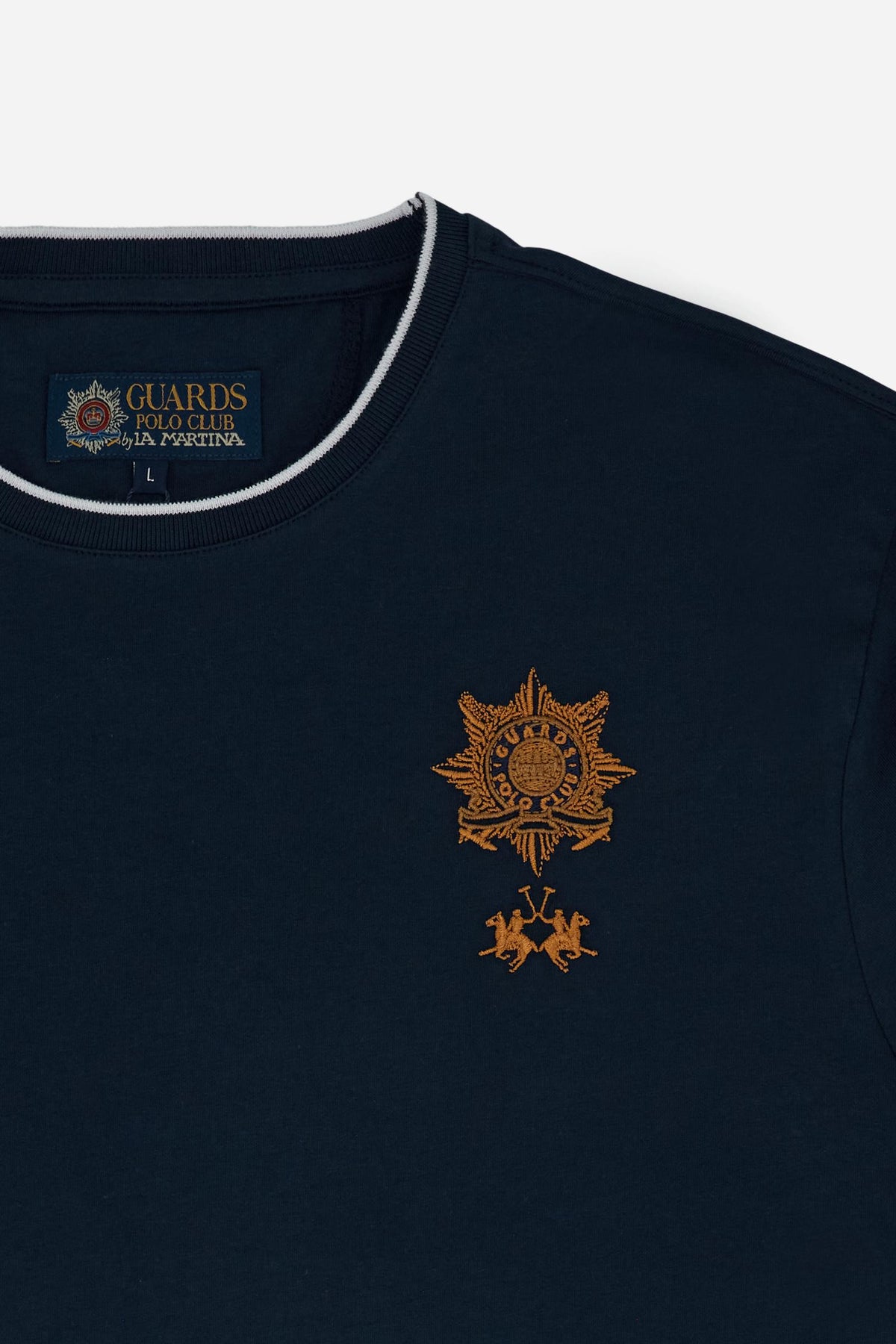 Men’s short-sleeve cotton jersey T-shirt. Crew-neck style with regular fit, enriched with embroidered crests and a large Guards print. - Navy