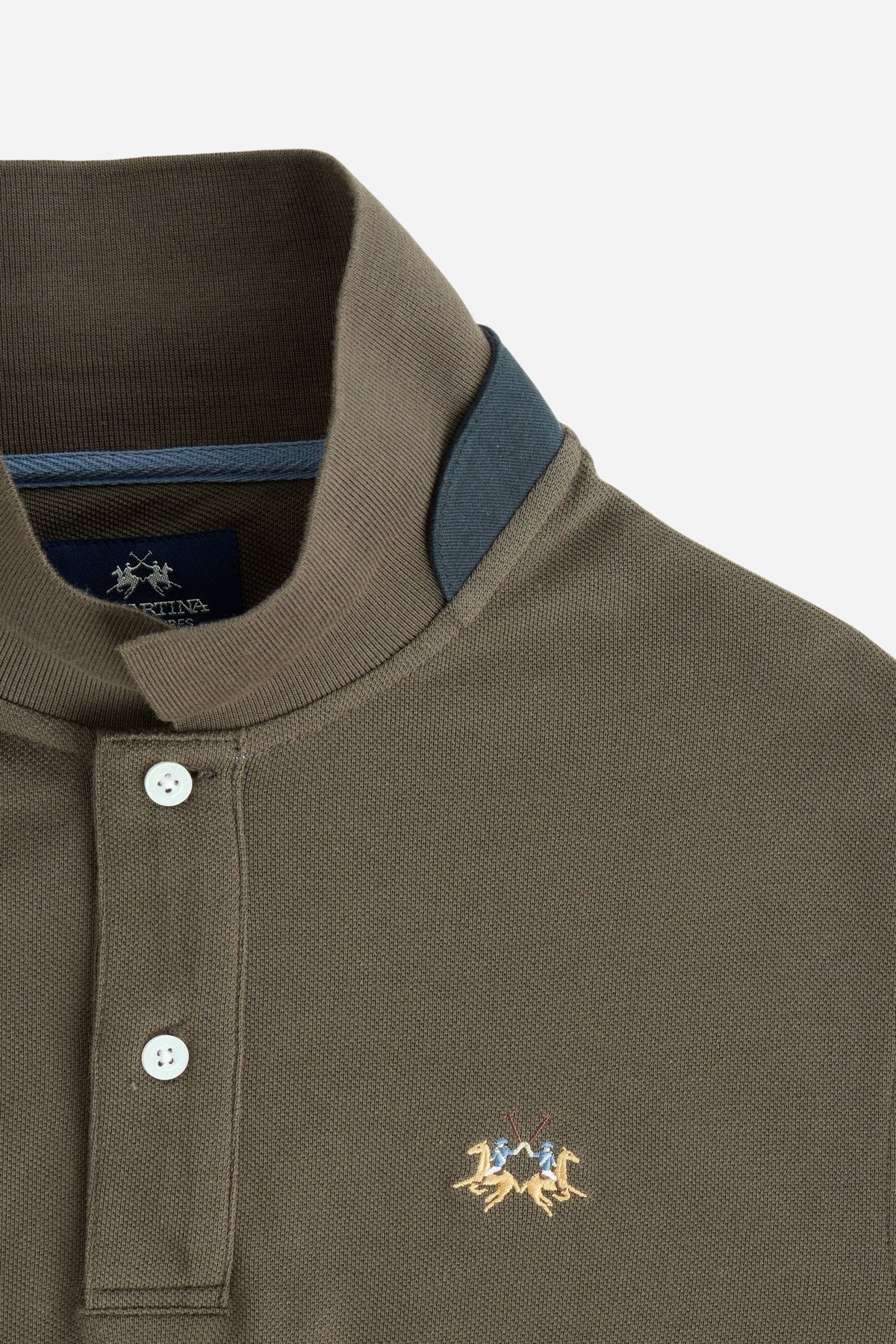 Men’s long-sleeve polo in stretch cotton piqué offers comfort, flexibility, a ribbed collar with contrasting gabardine detail, slim fit, and embroidered logo - Hot Fudge