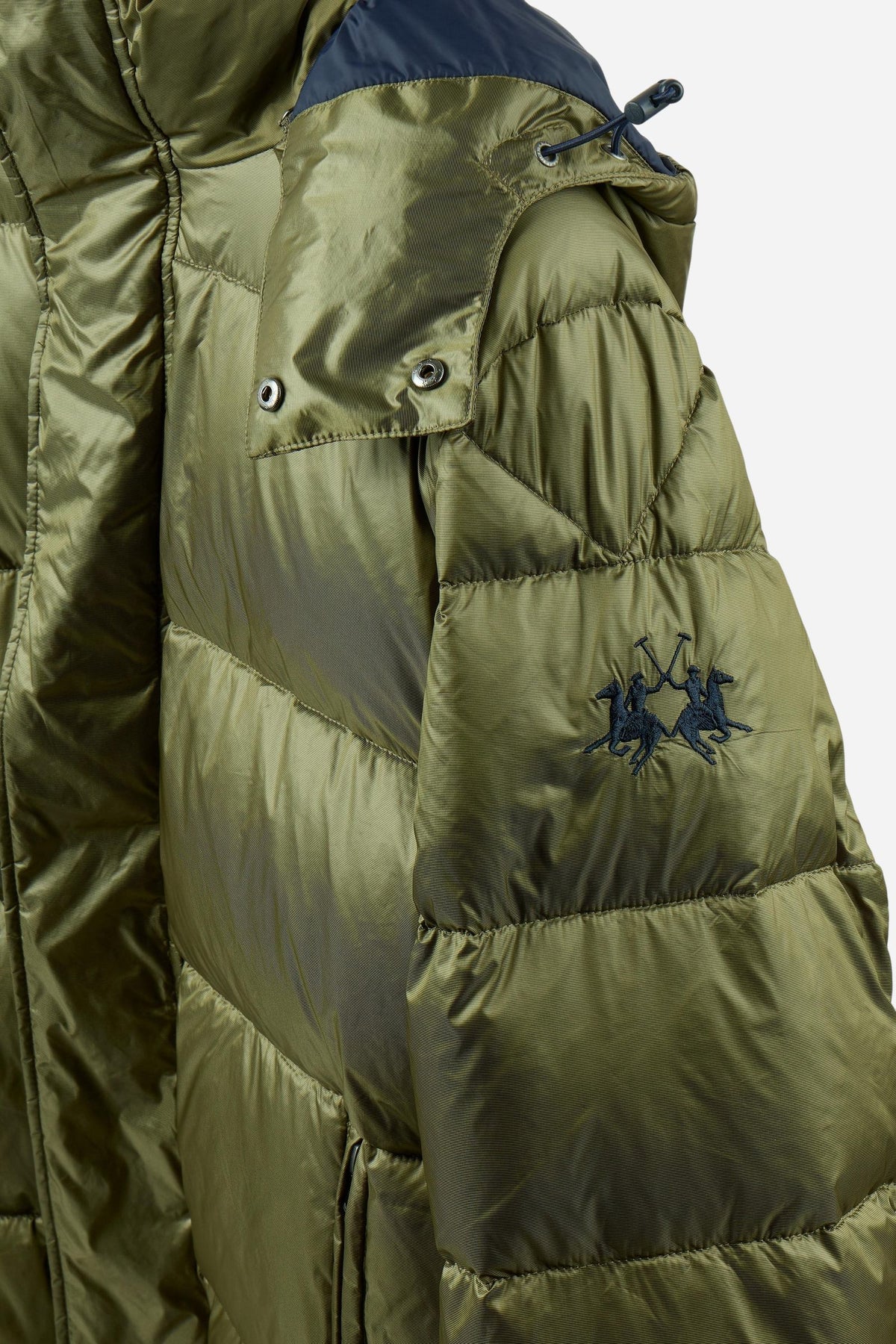 Men's padded feather bomber jacket with detachable hood, iridescent nylon, double zipper, snap buttons, adjustable drawstring, zippered pockets, and embroidered logo. - Burnt Olive