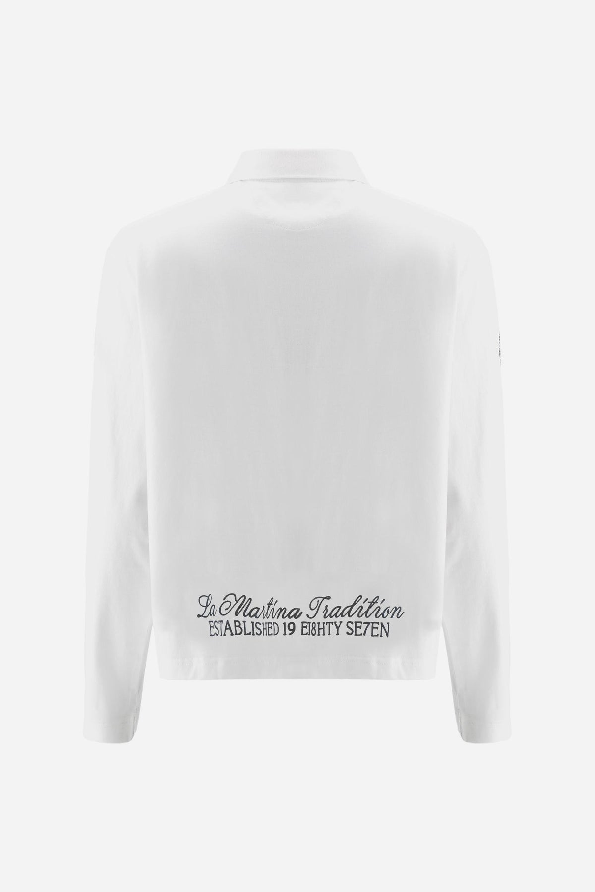 Women’s long-sleeve polo in heavy cotton jersey with relaxed fit and ribbed collar. Player prints and contrast applications. - Optic White