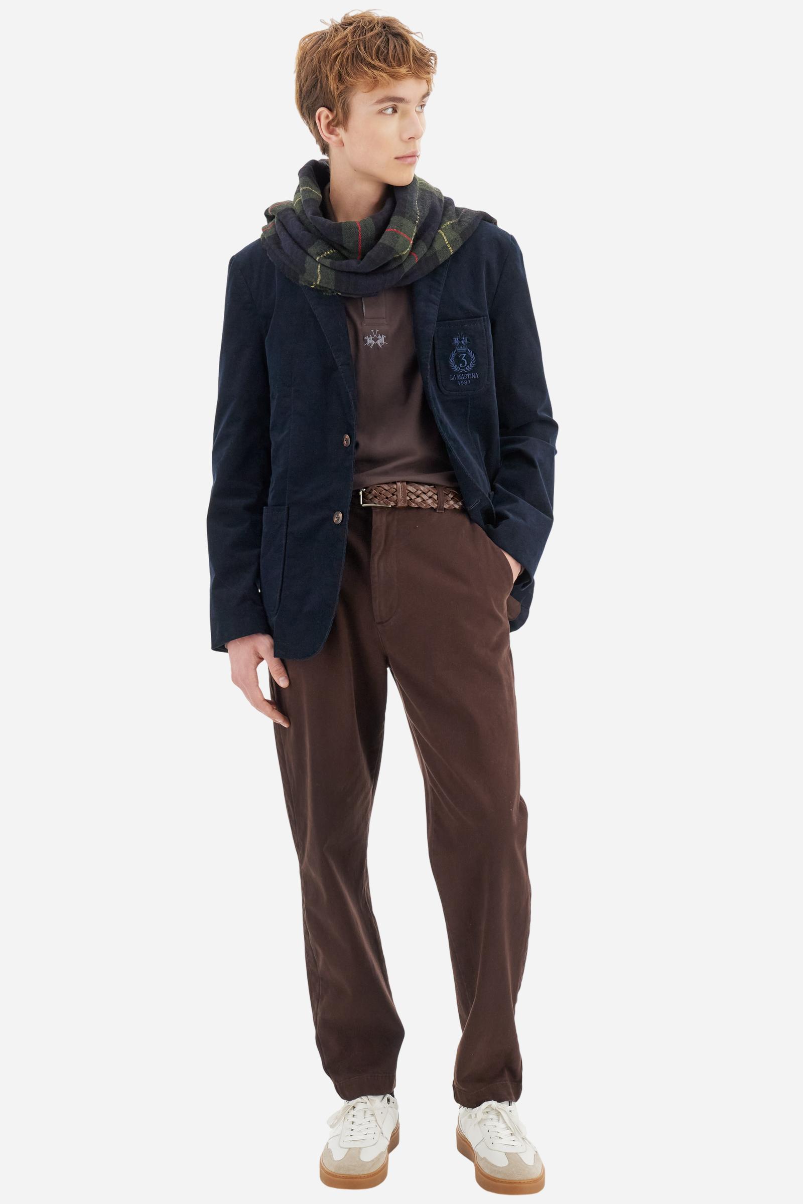 Men’s stretch cotton‑corduroy blazer, solid colour. Two‑button closure, patch pockets and chest welt with small embroidered logo. Contrasting cotton lining with inside pocket and a large “Polo Club” printed patch mid‑back. Regular lapels and fit. Model wears size 50. - Navy