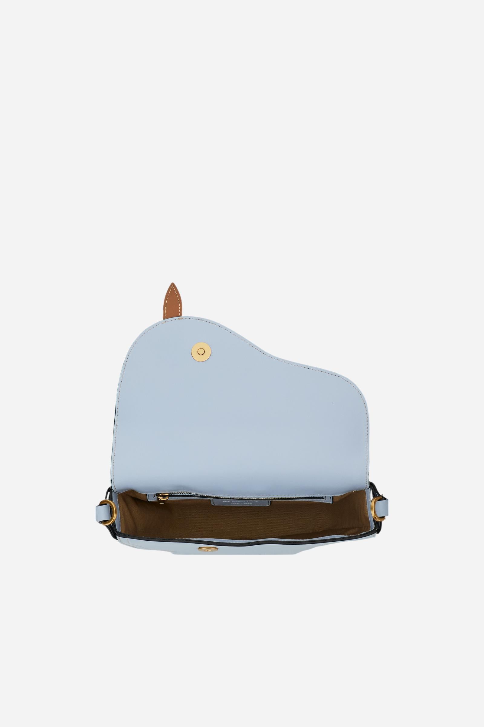 Small half-moon bag in full-grain leather with leather trim, saddle flap and gold maxi stirrup buckle with engraved logo. - Sea Breeze/Cuoio                                                                                                                                                                                                                                                                                                                                                                                    