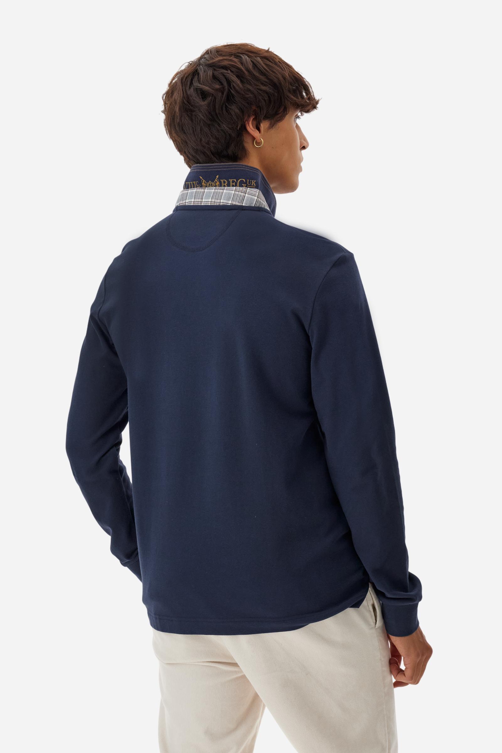 Men’s long-sleeve polo in stretch cotton jersey, regular fit with ribbed collar and cuffs and small embroidered heraldry on the chest. - Navy