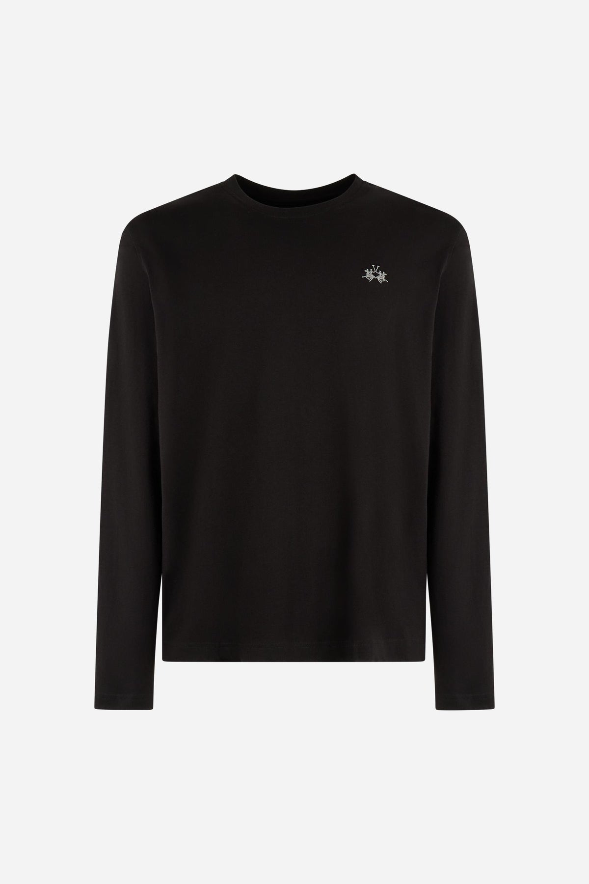 Men’s long-sleeve T-shirt in 100% cotton jersey with ribbed crew neck, regular fit, and subtle embroidered logo for all-day comfort and classic style. - Black