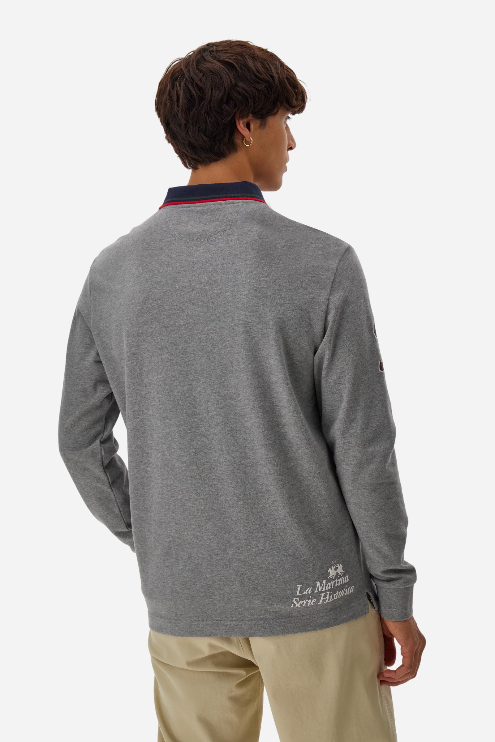 Men’s long-sleeve polo in warm cotton jersey, classic fit with contrast collar and colourful British Polo-inspired prints. - Medium Heather Grey