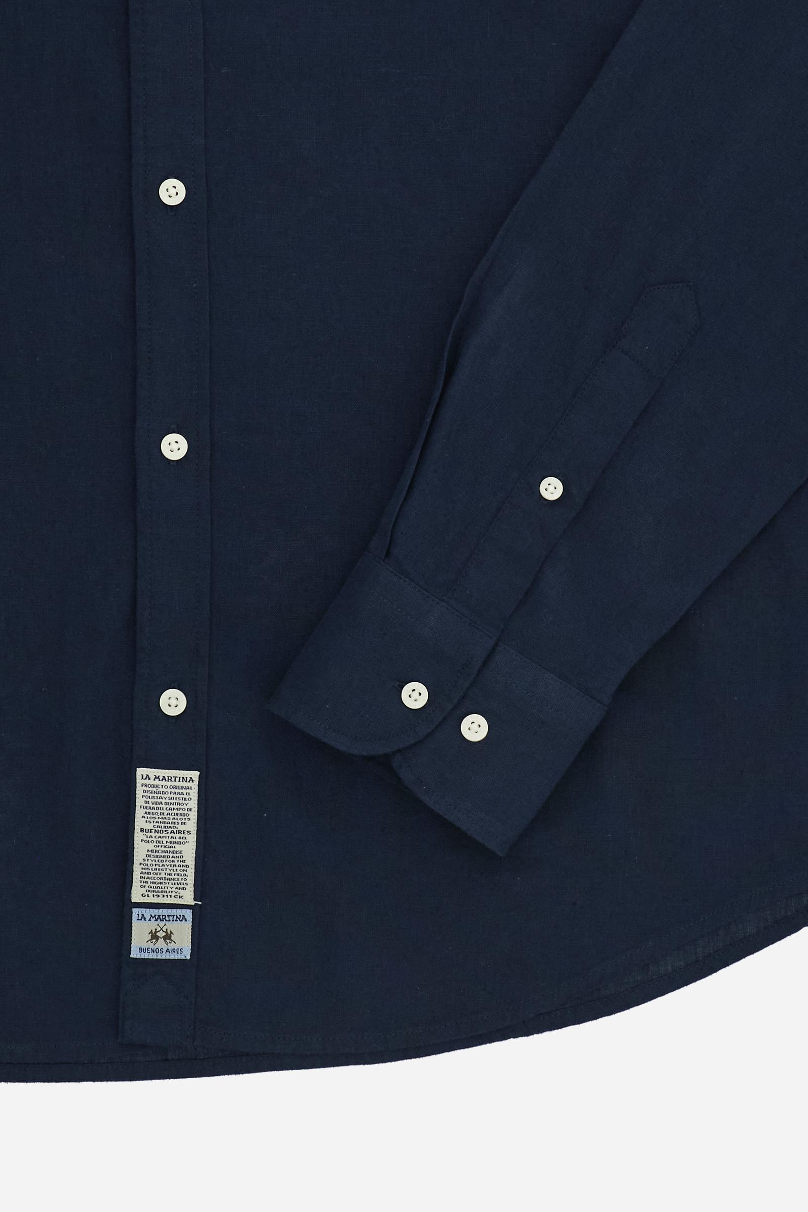 Men’s cotton and linen shirt with regular fit and French collar. Tone-on-tone embroidered logo and visible button placket. - Navy                                                                                                                                                                                                                                                                                                                                                                                               