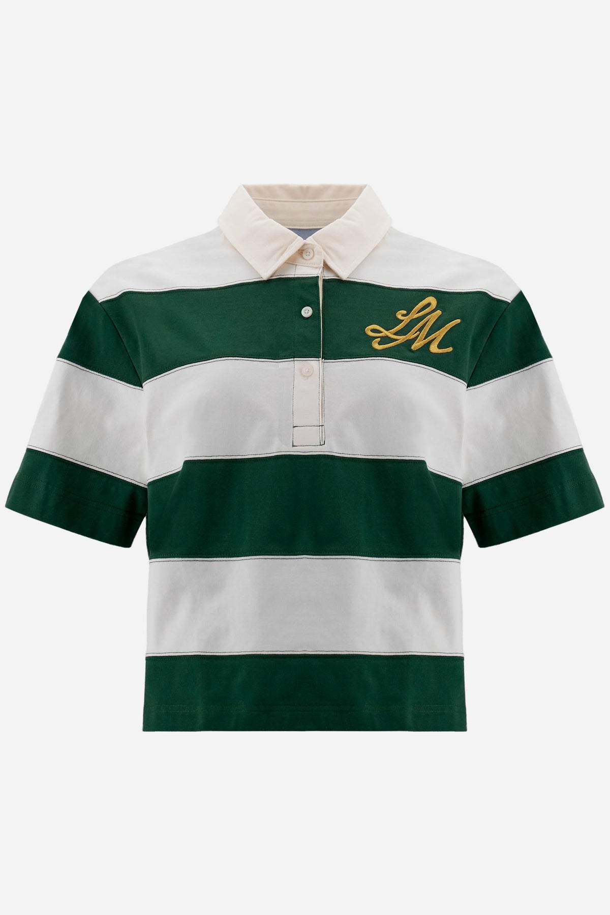 Women’s rugby polo in heavy cotton jersey with cropped boxy fit and maxi stripes. Contrast embroidery details. - Off White/Pineneedle