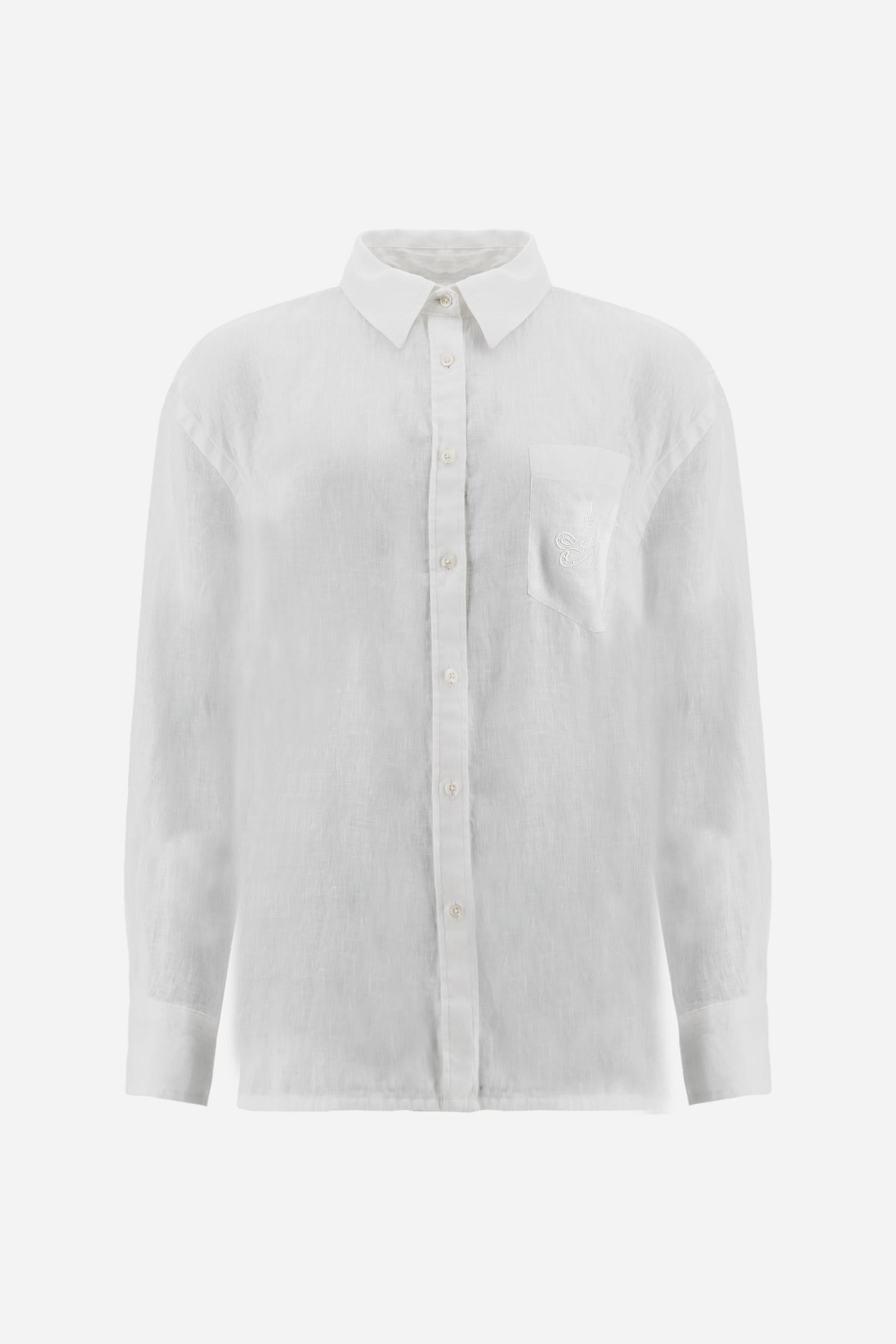 Women’s garment-dyed linen shirt with regular fit. Chest pocket with monogram and large tone-on-tone logo on the back. - Optic White                                                                                                                                                                                                                                                                                                                                                                                            