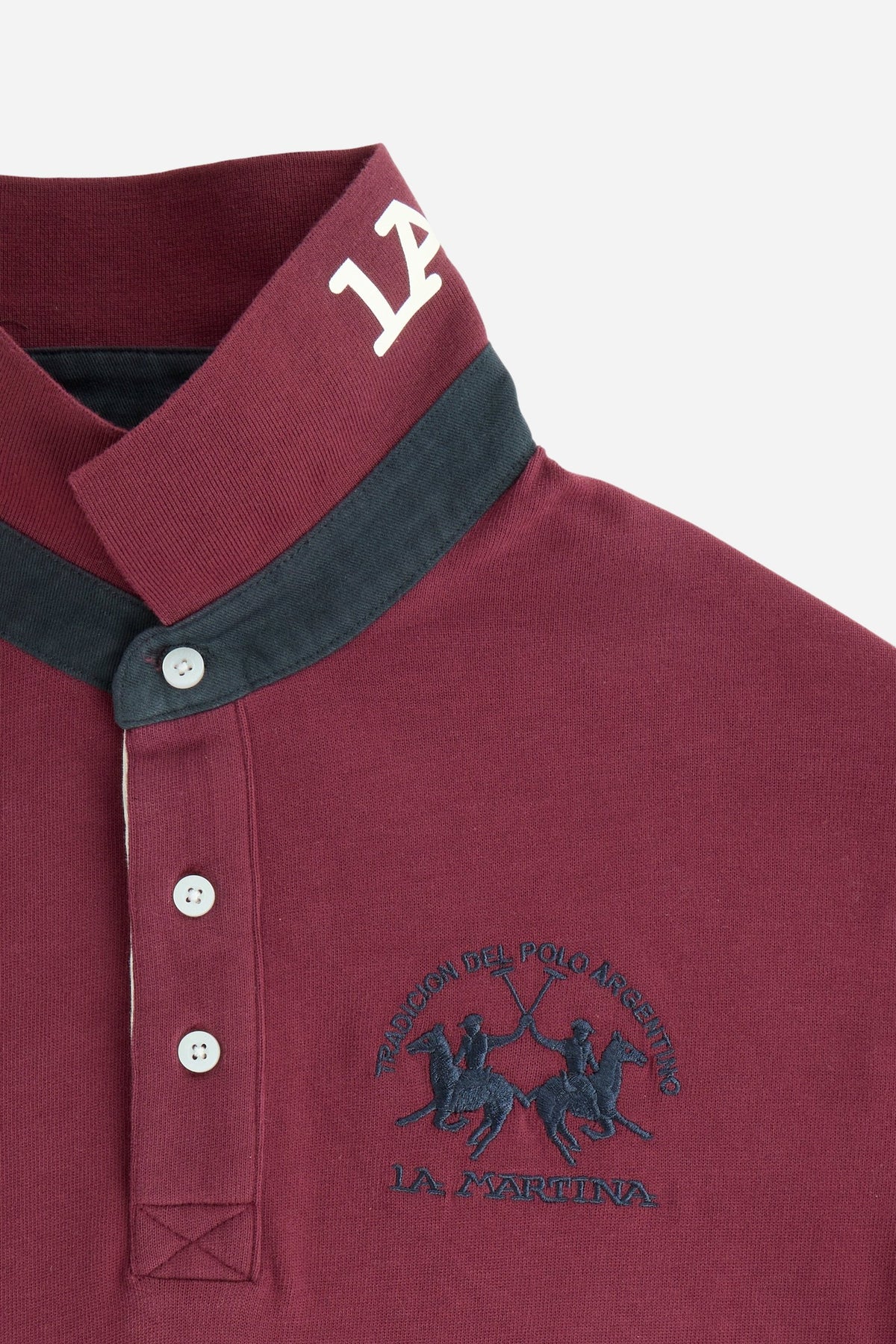 Men's long-sleeve polo in soft cotton jersey with contrasting gabardine collar, ribbed details, multicolor striped placket, and embroidered team logo for comfor - Port Royale
