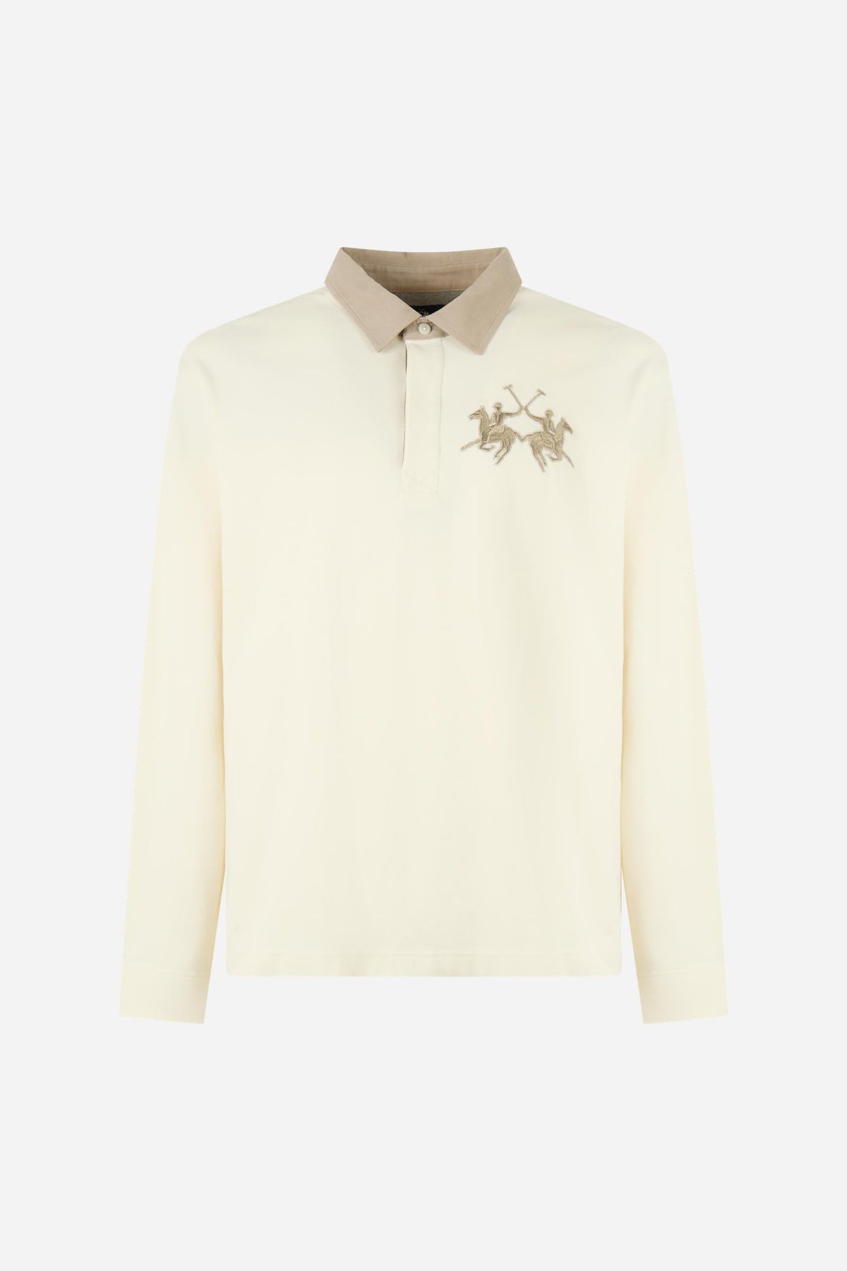 Men's long-sleeve polo in heavyweight 100% cotton jersey with a contrasting collar and hidden placket. Features a relaxed fit and a large 3D embroidered logo. - Pristine