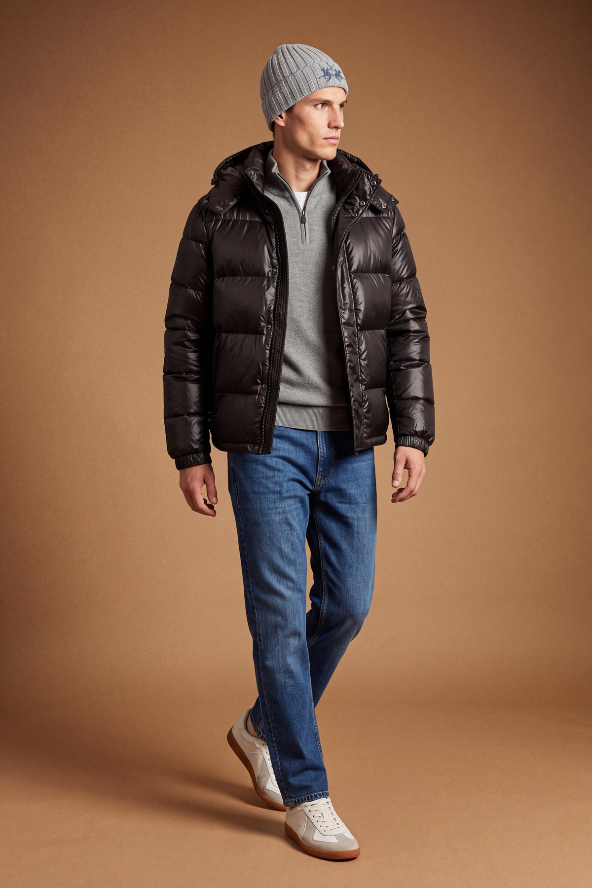 Men's padded feather bomber jacket with detachable hood, iridescent nylon, double zipper, snap buttons, adjustable drawstring, zippered pockets, and embroidered logo. - Black