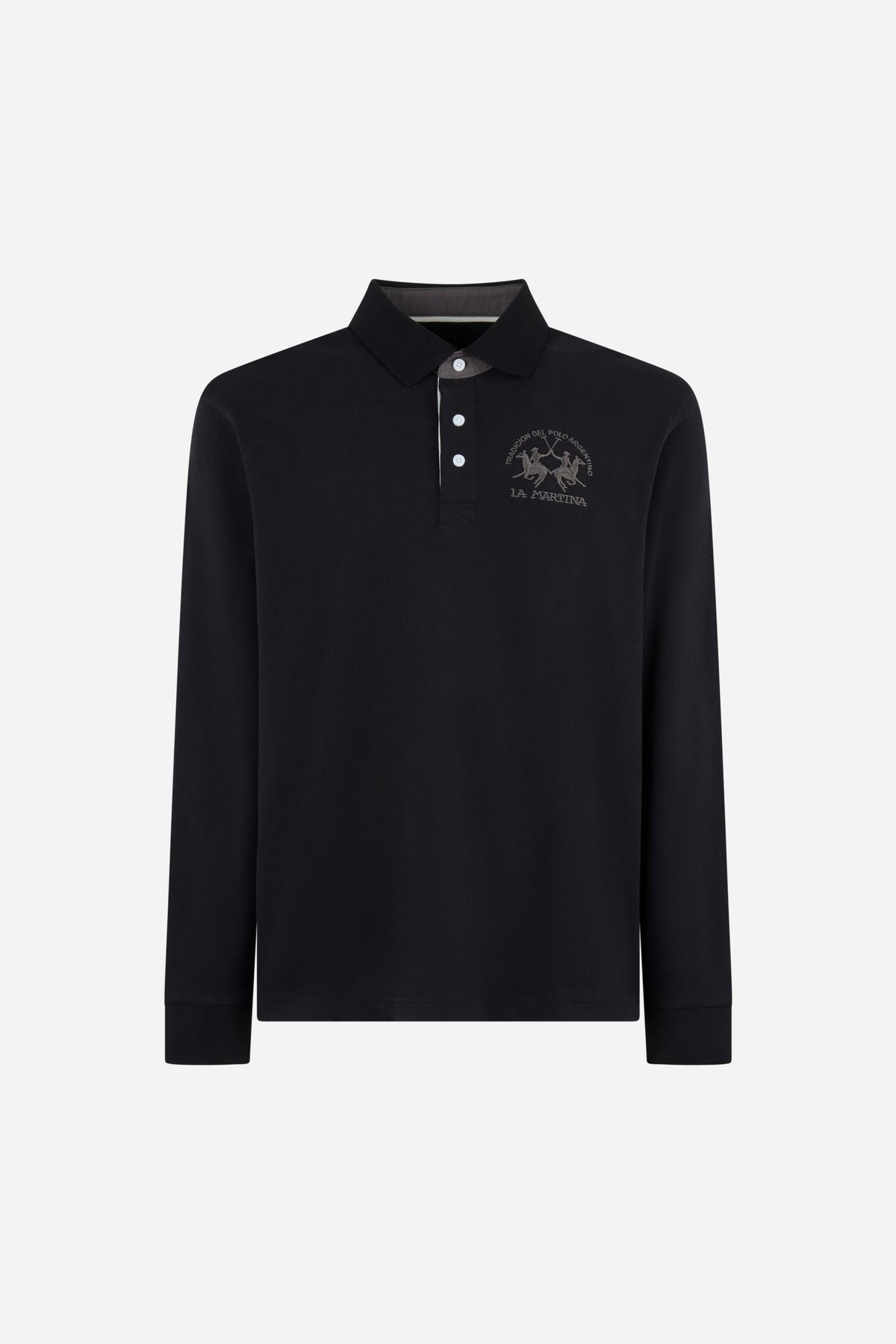 Men's long-sleeve polo in soft cotton jersey with contrasting gabardine collar, ribbed details, multicolor striped placket, and embroidered team logo for comfor - Black