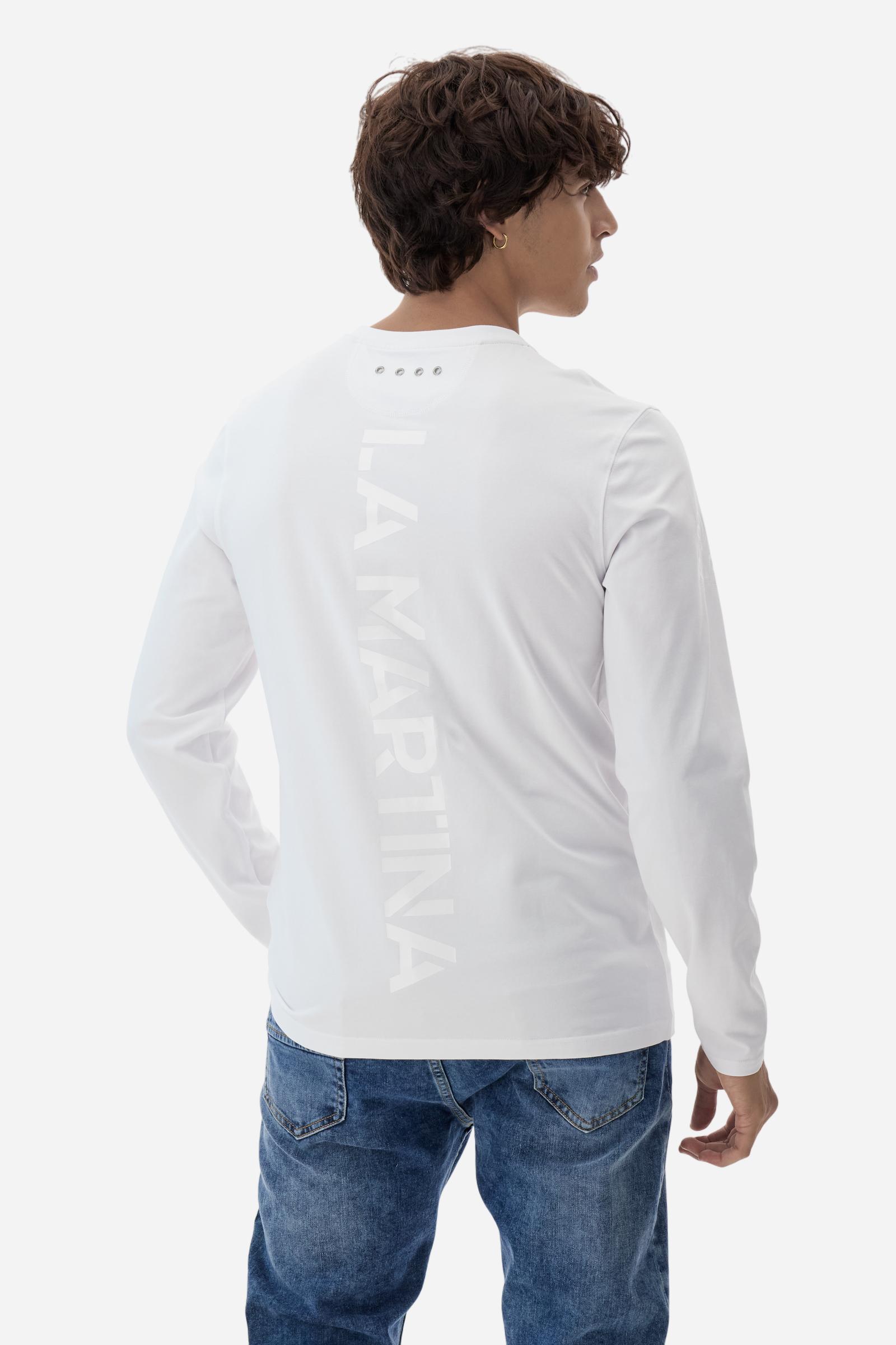 Crew-neck long-sleeve T-shirt made of 100% high-quality cotton jersey. The smooth, fluid fabric has a technical look that ensures comfort and style. A small translucent transfer logo is applied on the chest, while two Asociacion Argentina de Polo (AAP) transfers decorate the right sleeve. The large vertical translucent print on the back is a signature detail of the brand. Regular fit with clean lines and refined finishes for a simple yet distinctive piece. Model wears size L. - Optic White
