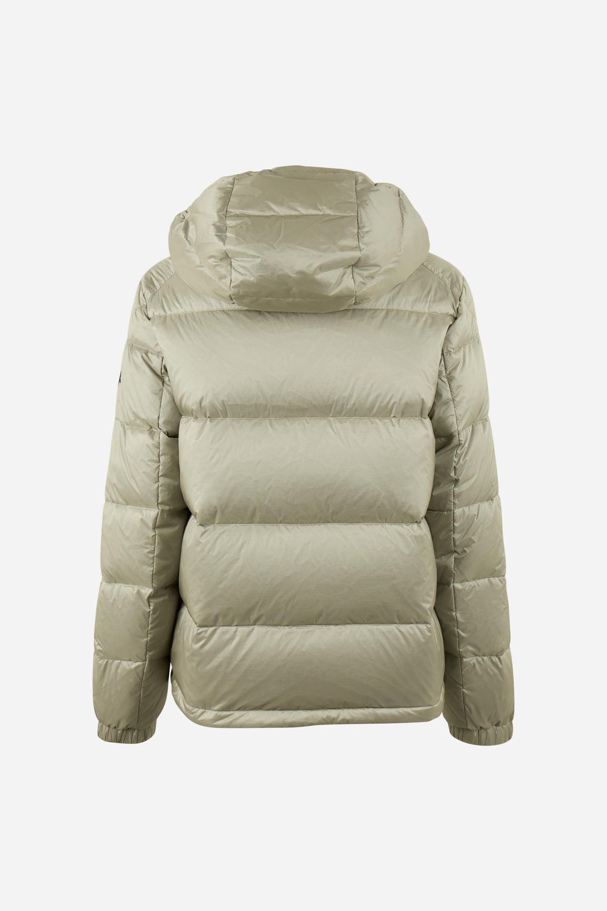 Men's padded feather bomber jacket with detachable hood, iridescent nylon, double zipper, snap buttons, adjustable drawstring, zippered pockets, and embroidered logo. - Pristine