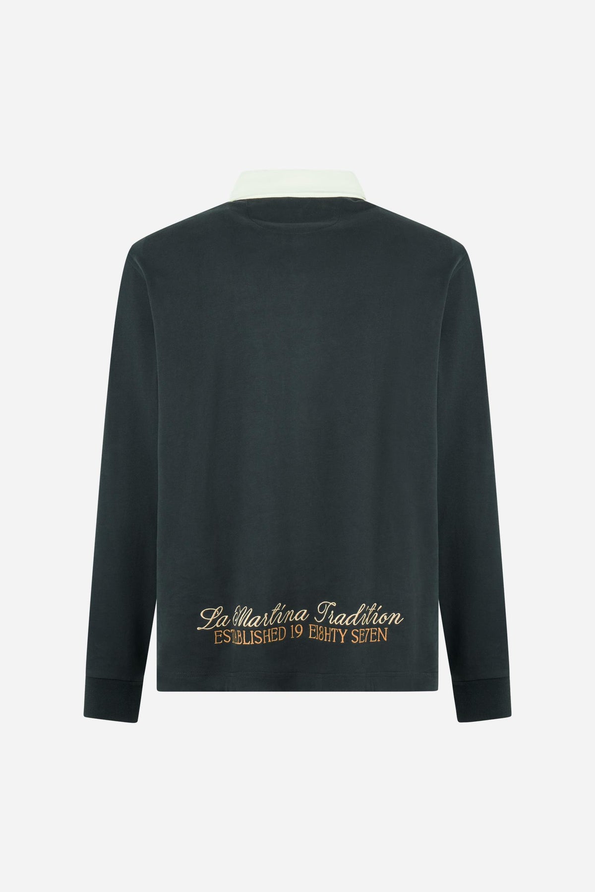 Men's long-sleeve polo in heavy 100% cotton jersey with contrasting collar, ribbed cuffs, embroidered details, and a relaxed contemporary fit for modern comfort. - Navy Blazer