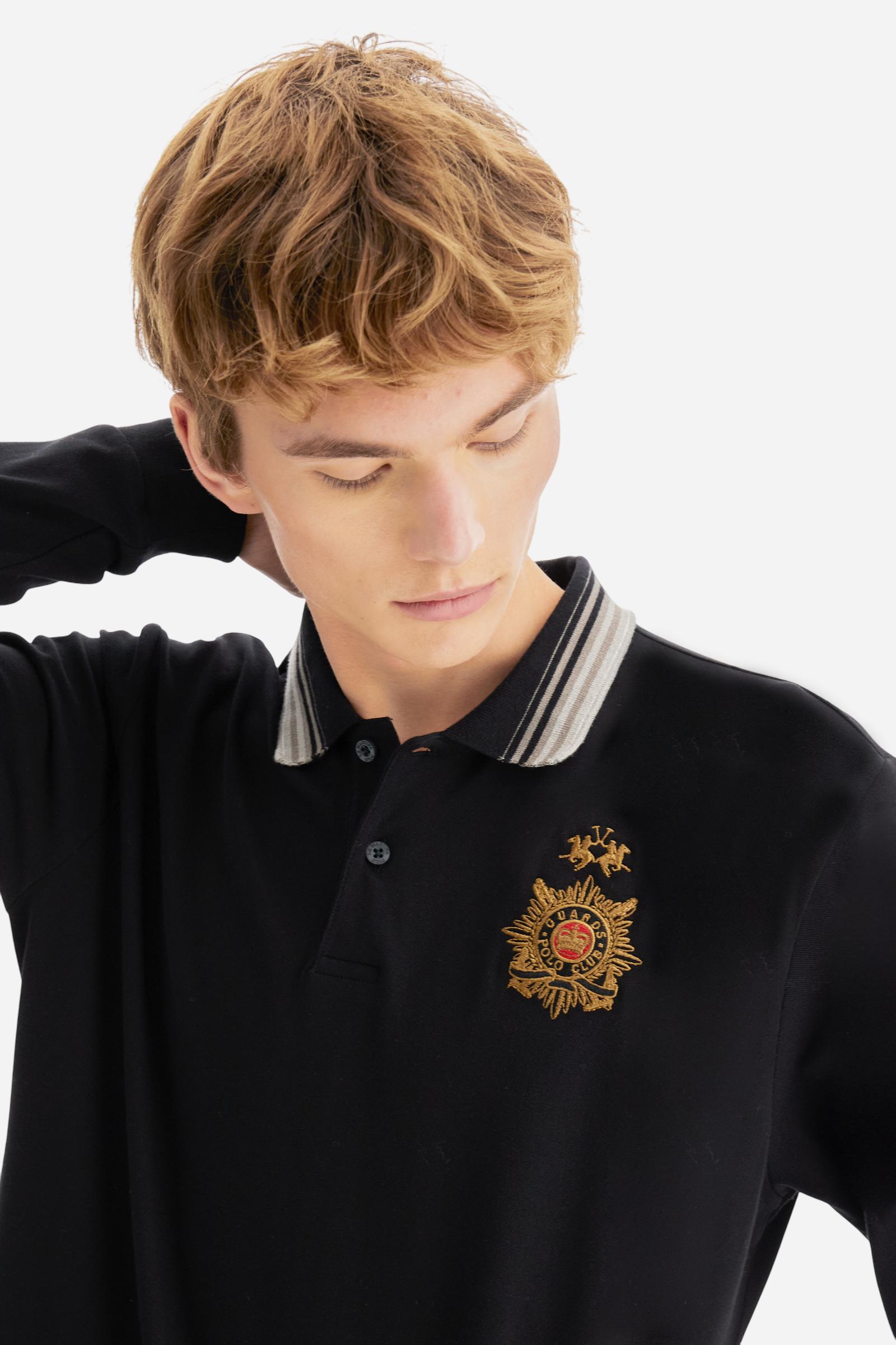 Long-sleeve polo shirt in warm cotton jersey. Ribbed collar with multicolor stripes, contrast inner collar, and two-button placket. Brand logo and Guards crest embroidered in contrast on the chest. Regular fit for a comfortable, versatile silhouette. Model wears size L. - Black