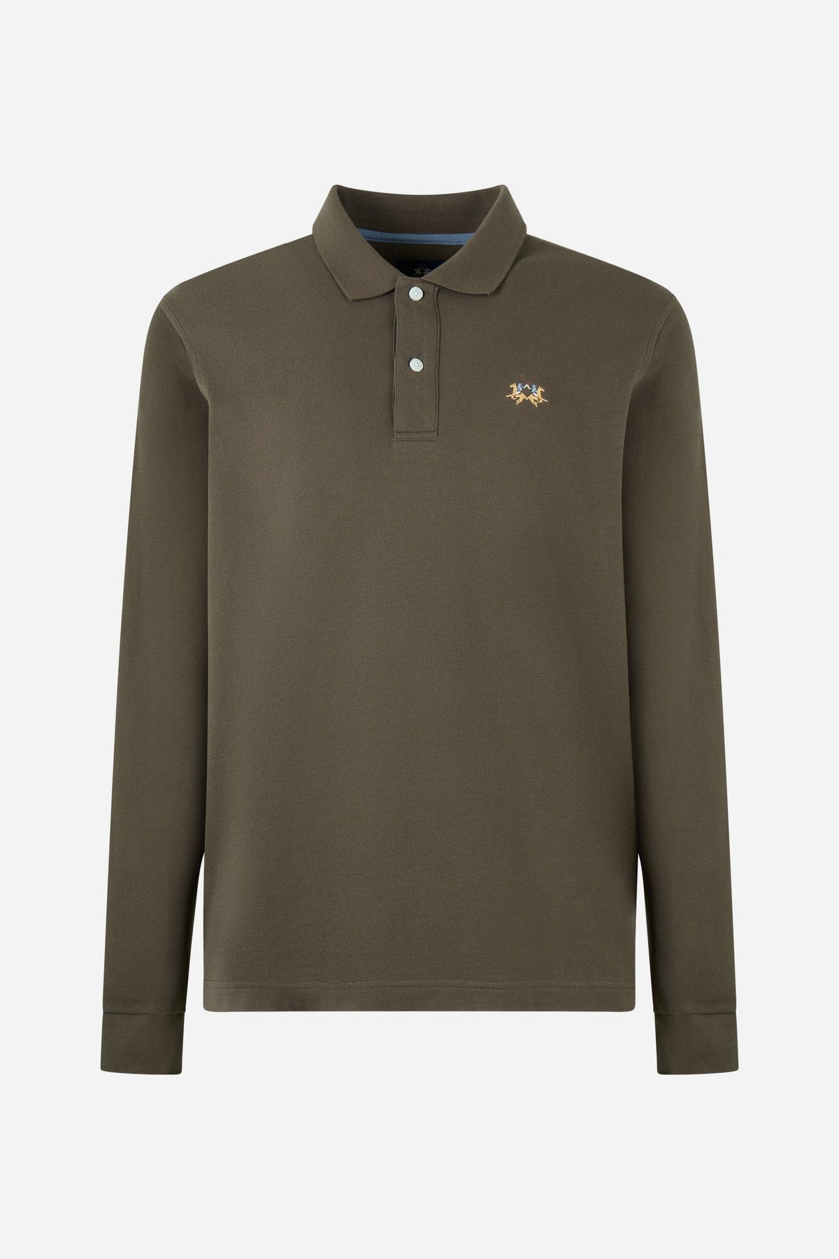Men’s long-sleeve polo in stretch cotton piqué offers comfort, flexibility, a ribbed collar with contrasting gabardine detail, slim fit, and embroidered logo - Hot Fudge