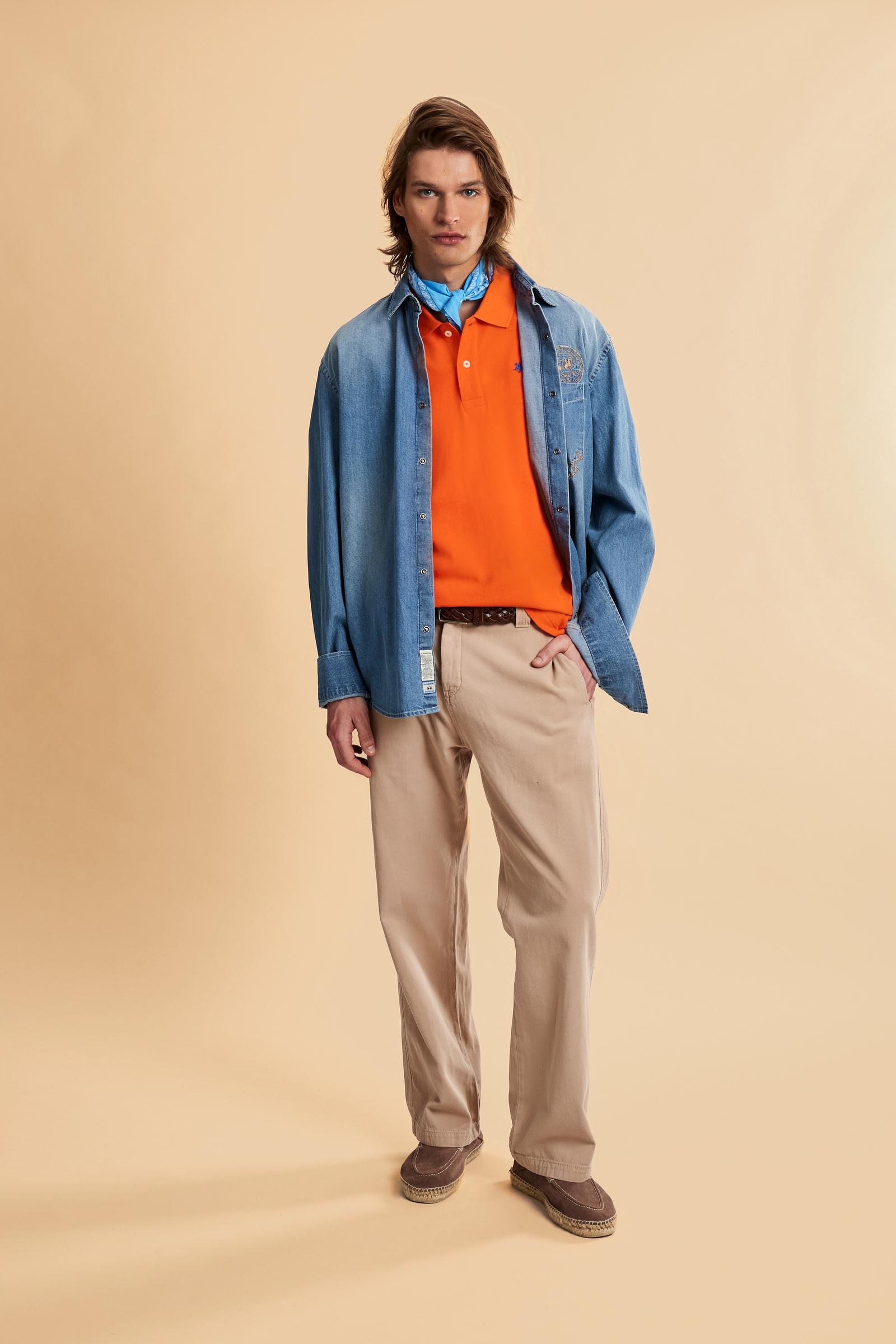 Men’s short sleeve cotton piqué polo shirt with regular fit, two-button placket and contrast brand logo. - Flame                                                                                                                                                                                                                                                                                                                                                                                                                