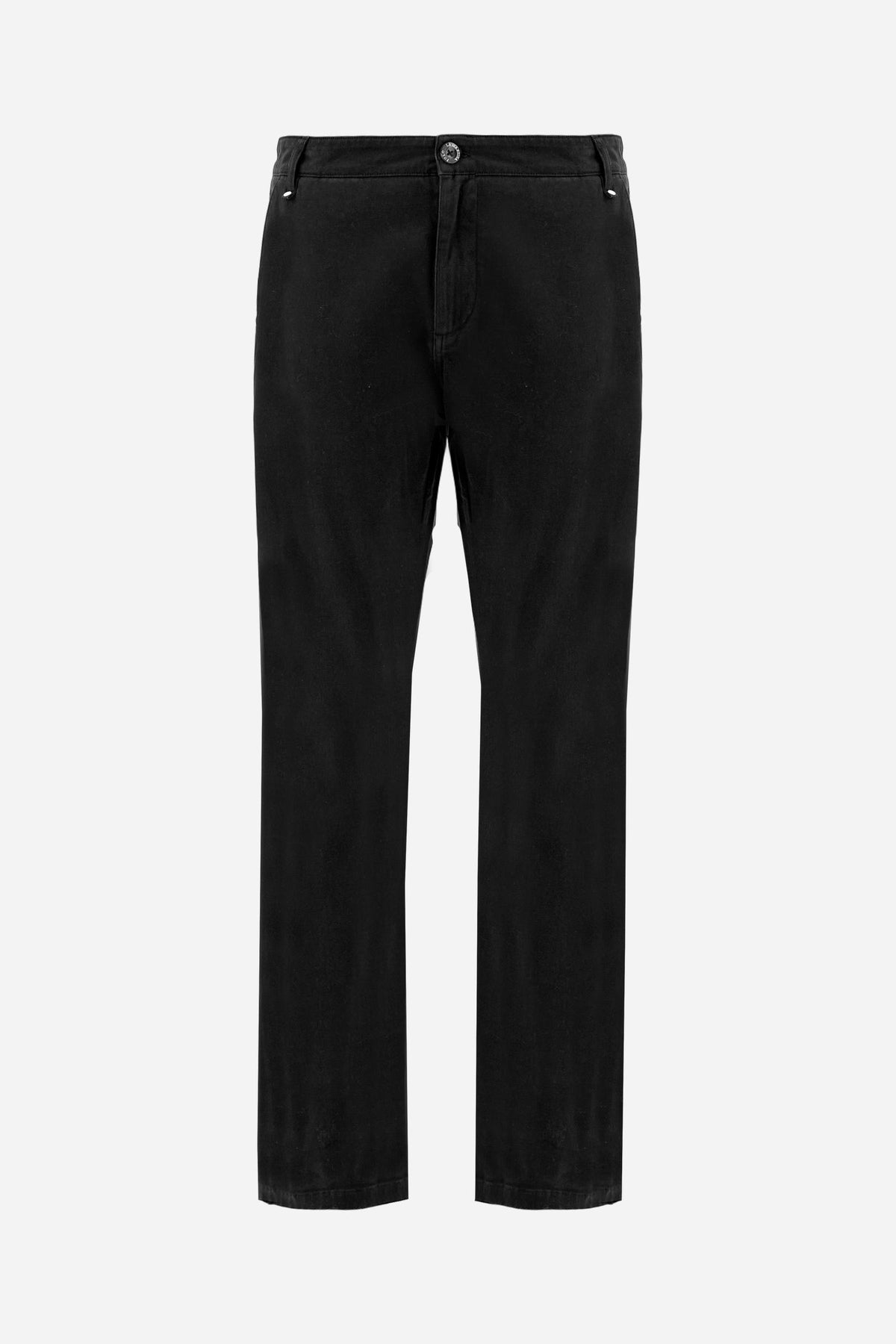Men's stretch cotton twill trousers with a regular fit, straight leg, American-style side pockets, flap back pockets, and a waistband with zip, button, and belt loops. - Black