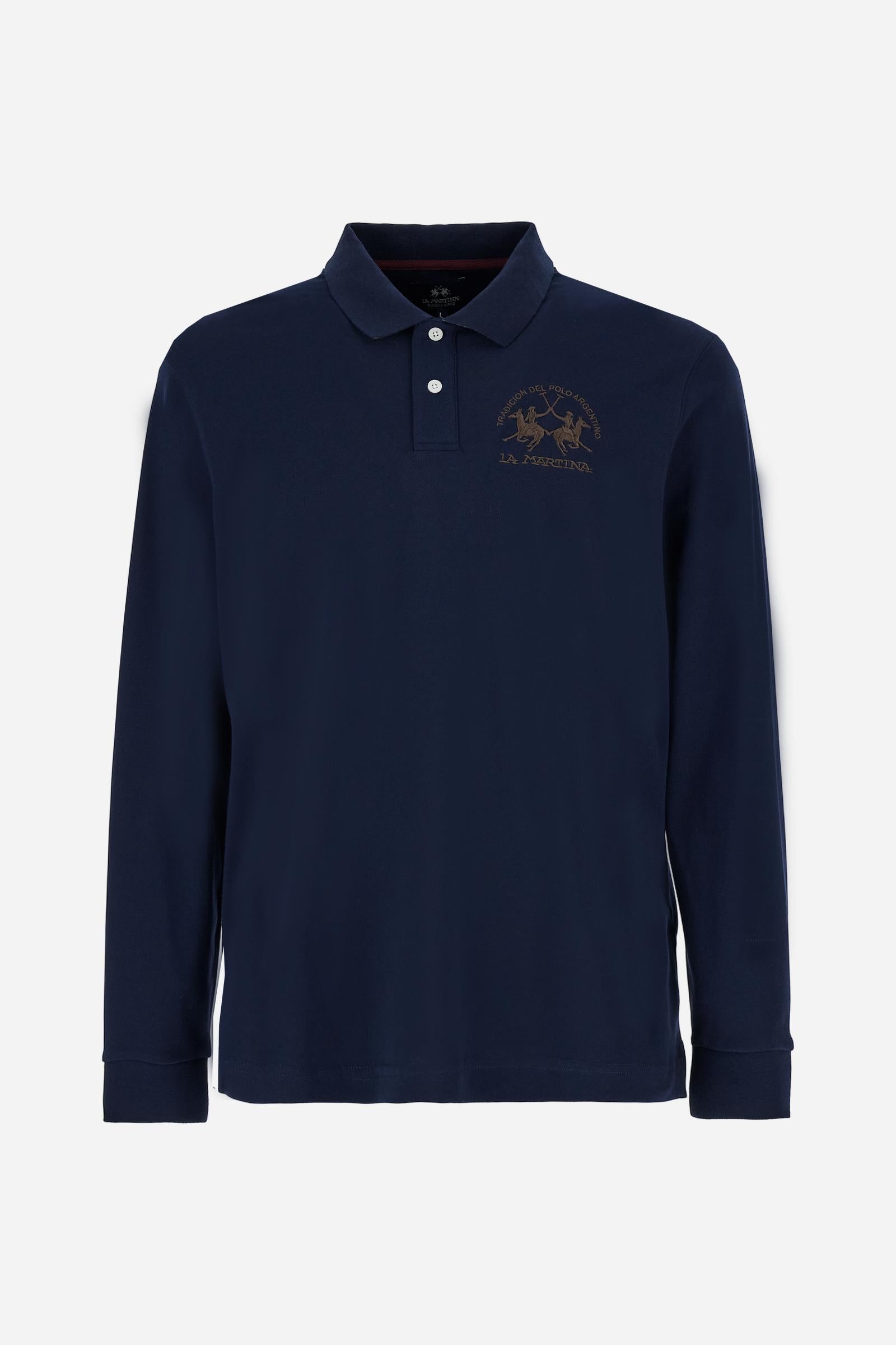 Men's long-sleeved solid colour polo shirt. Made of high-quality stretch Piqué. The collar and cuffs are in solid colour ribbing. The undercollar features a print of the iconic La Martina lettering in a contrasting colour. Featuring a logo embroidered on the chest in a contrasting colour. On the back at the bottom, the guarantee label typical of the brand's iconic models is applied. Regular fit. The model is wearing a size L. - Navy