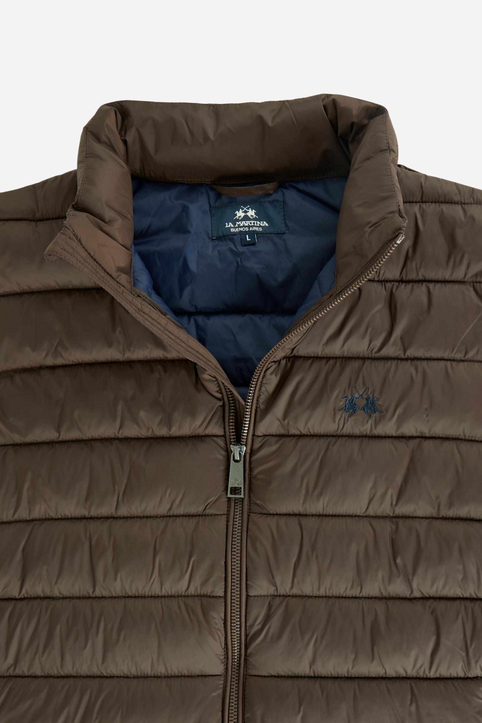 Men's sleeveless down jacket in lightweight nylon with wadding padding for warmth, zippered pockets, high collar, and contrasting interior and logo details. - Hot Fudge
