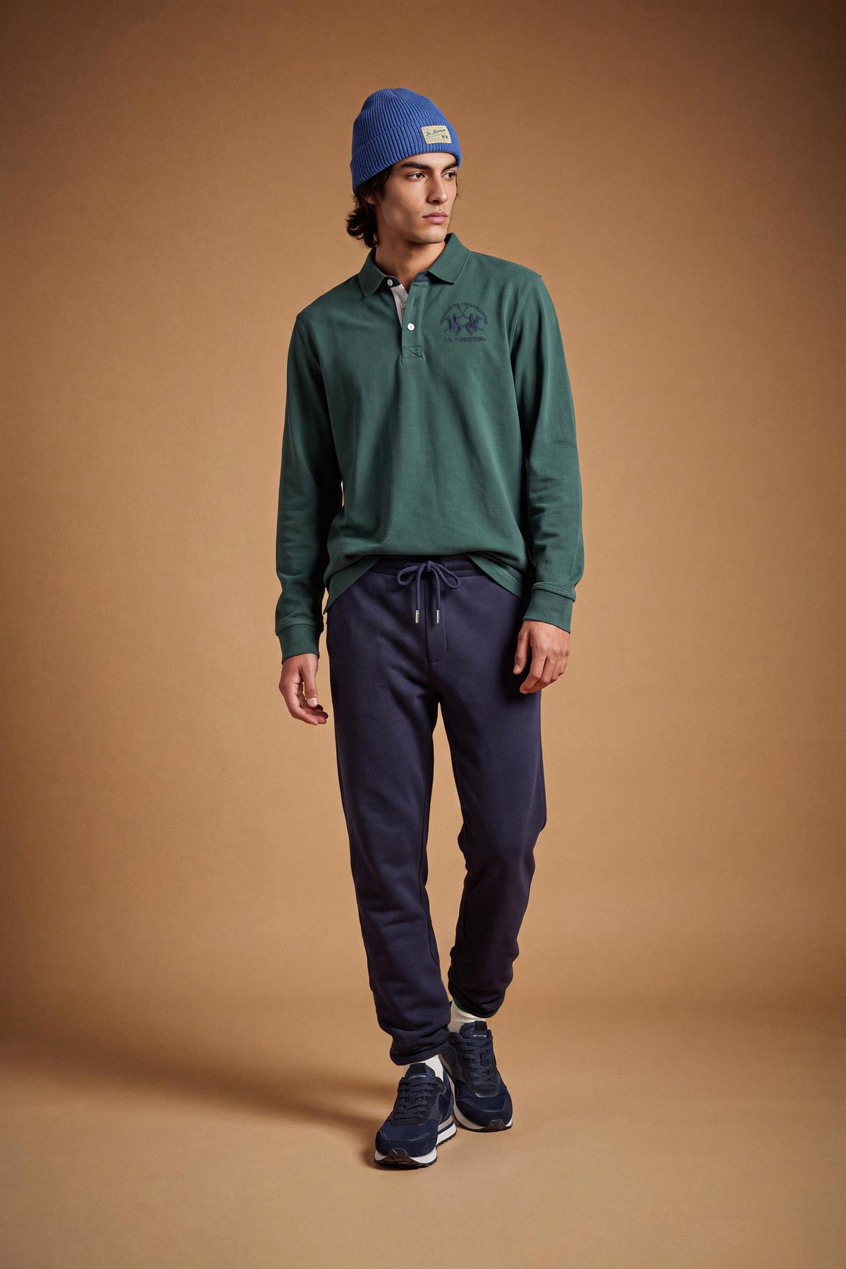 Men's long-sleeve polo in soft cotton jersey with contrasting gabardine collar, ribbed details, multicolor striped placket, and embroidered team logo for comfor - Sycamore
