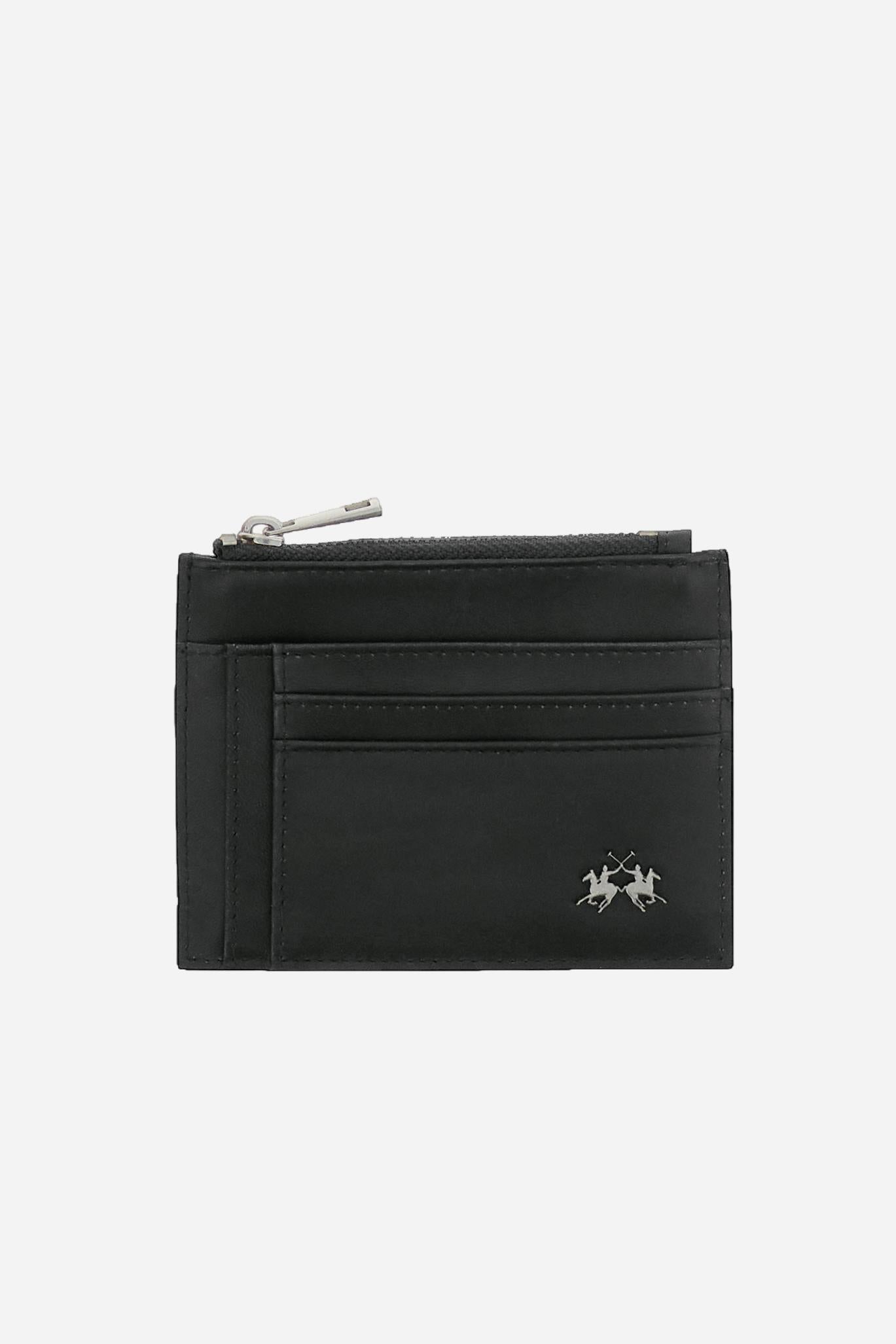Card holder in calfskin leather with zip closure. Small and functional, ideal for storing cards and coins. - Black
