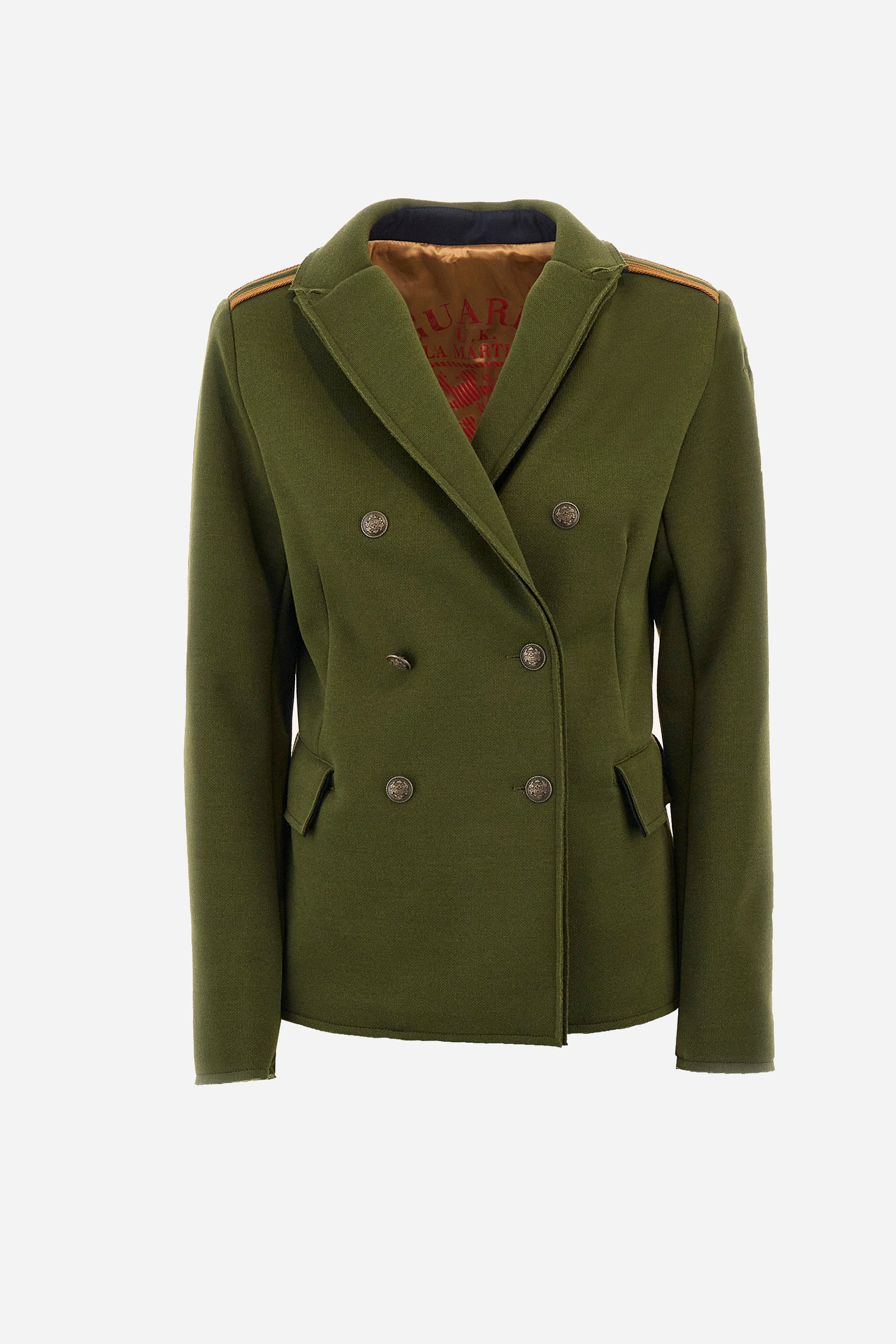 This double-breasted viscose jacket for women is perfect for any occasion. With its long sleeves and double pocket, comfort is guaranteed. The sleeves are filled with fluffy feathers to keep you warm in the cold winter. The solid colour and the regular fit of the Guards line give an elegant and refined look, without compromising on practicality. A versatile jacket that is essential in every woman's wardrobe. The model is 174 cm tall and wears a size 2. - Ivy Green