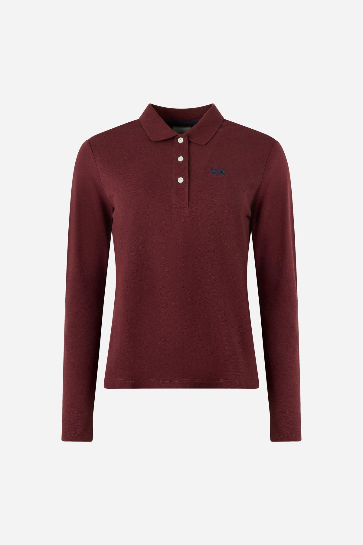 Women's long-sleeve polo shirt in 100% cotton piqué with a regular fit, ribbed collar, button front, fabric cuffs, and embroidered brand logo detail. - Port Royale