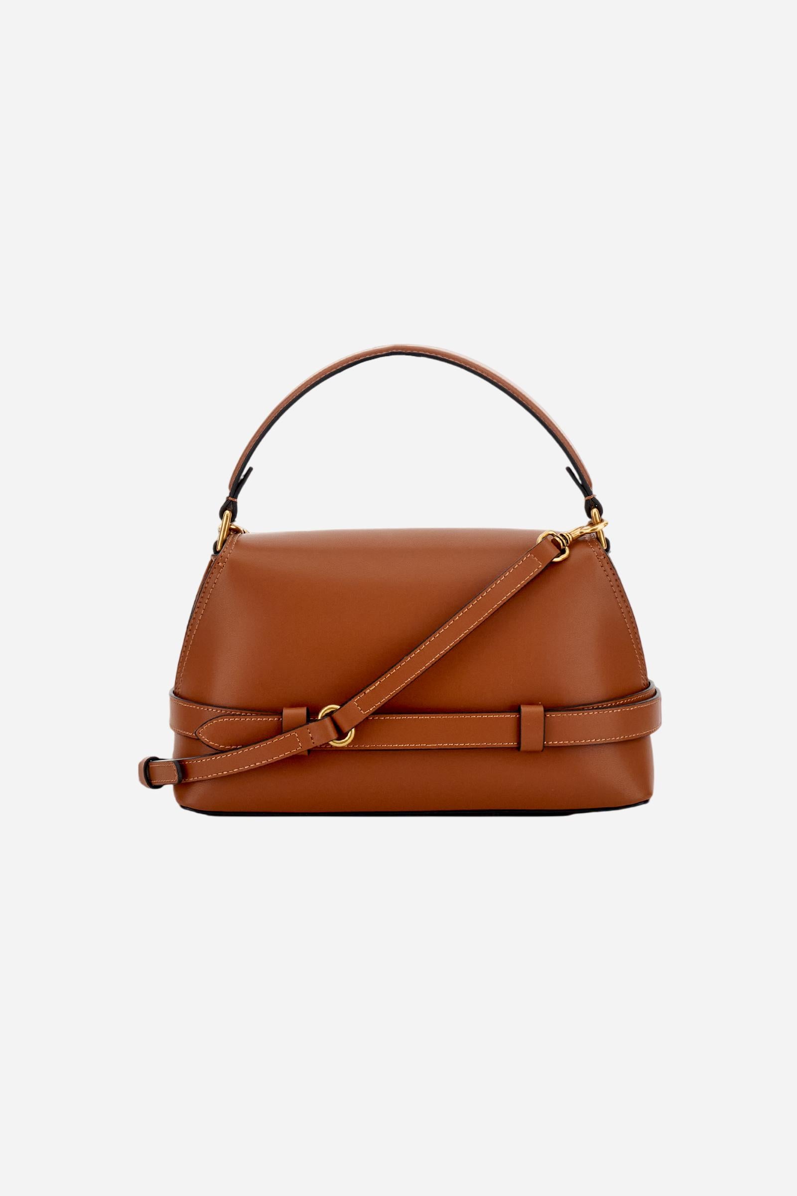 Small trapeze tote bag in calfskin leather. Refined and compact, with flap, rigid handle and removable strap. - COGNAC