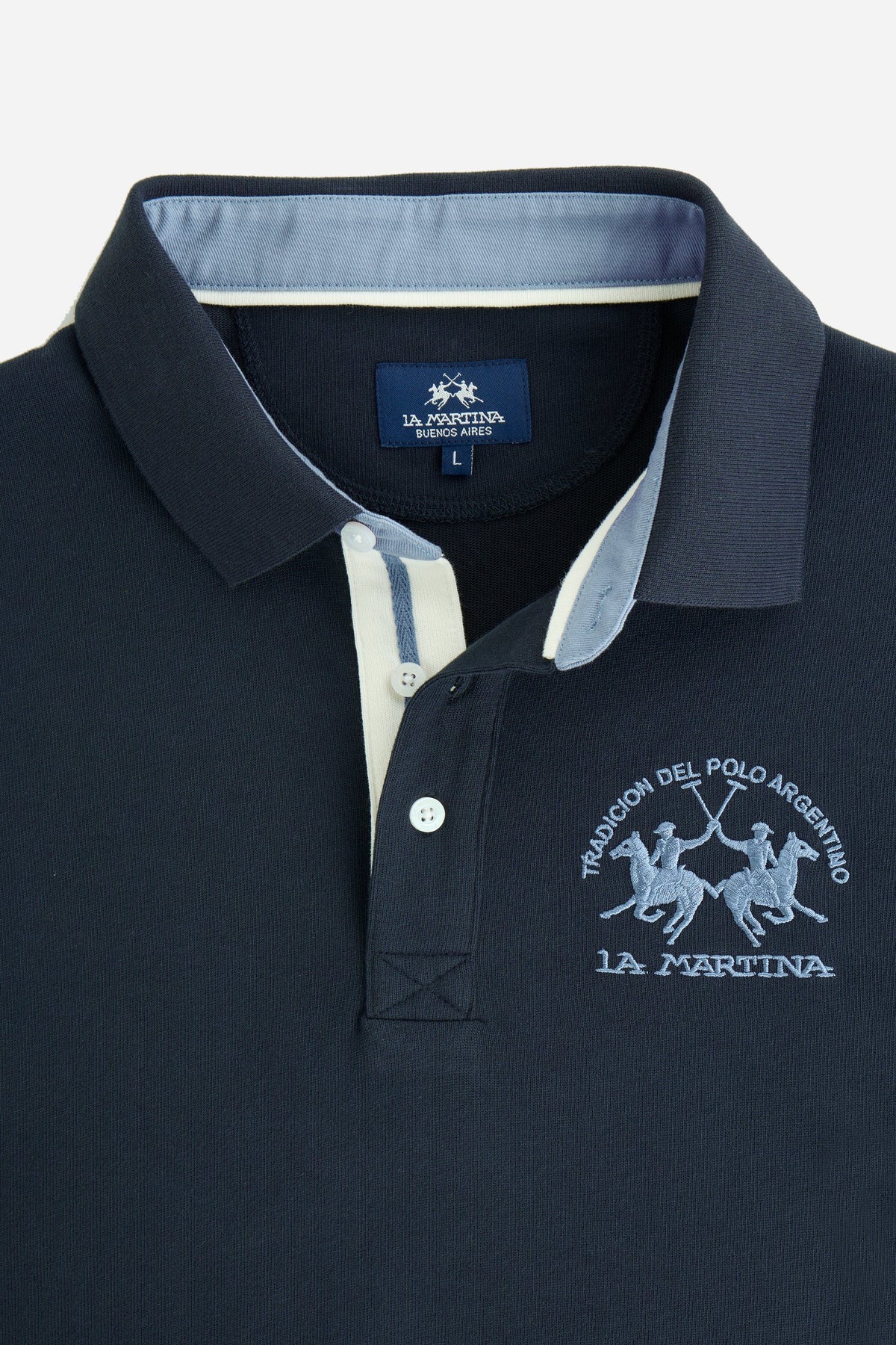 Men's long-sleeve polo in soft cotton jersey with contrasting gabardine collar, ribbed details, multicolor striped placket, and embroidered team logo for comfor - Navy Blazer