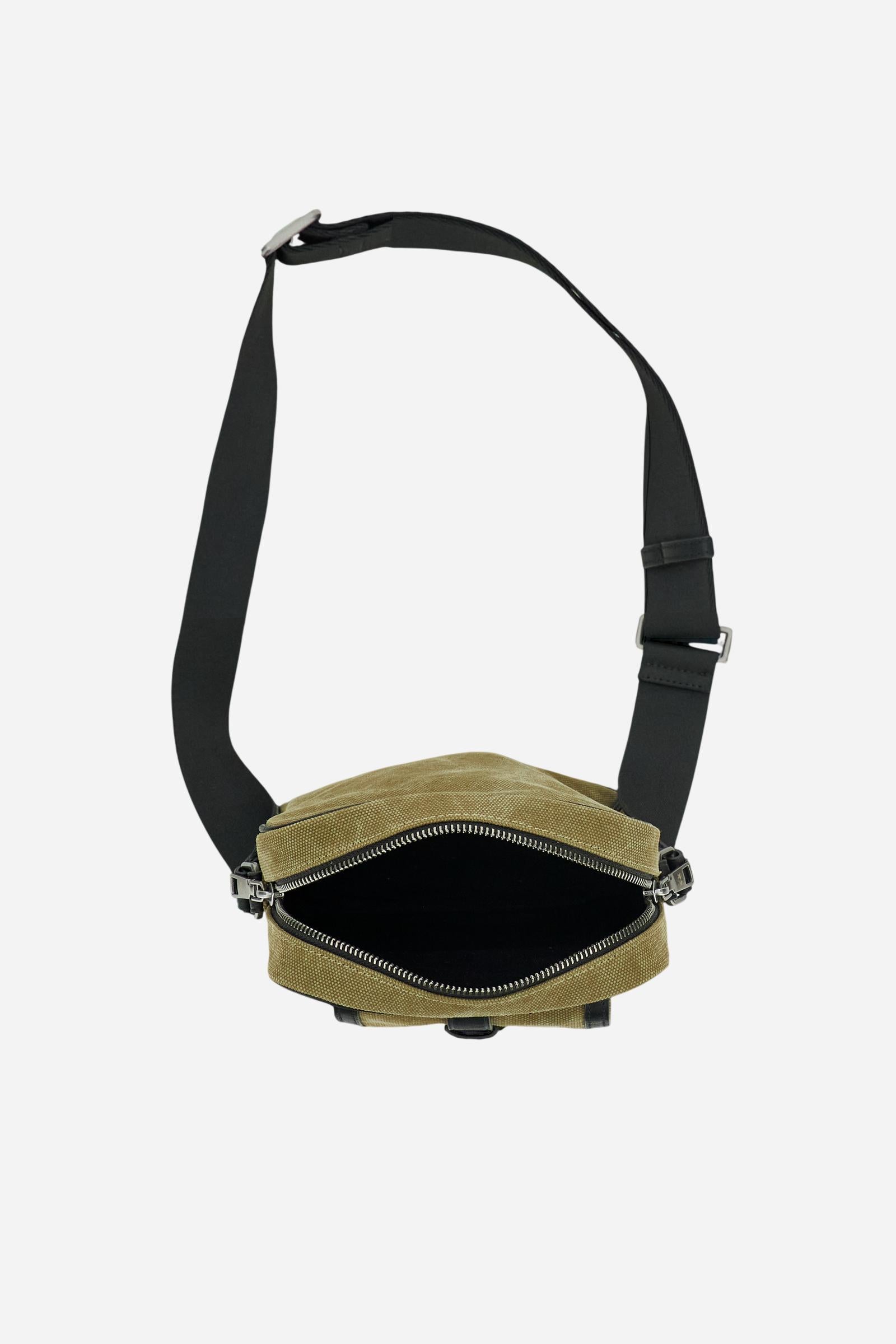 Men’s crossbody pouch in washed canvas with leather details, compact and functional with front pocket and metal logo buckle. - Green / Black                                                                                                                                                                                                                                                                                                                                                                                    