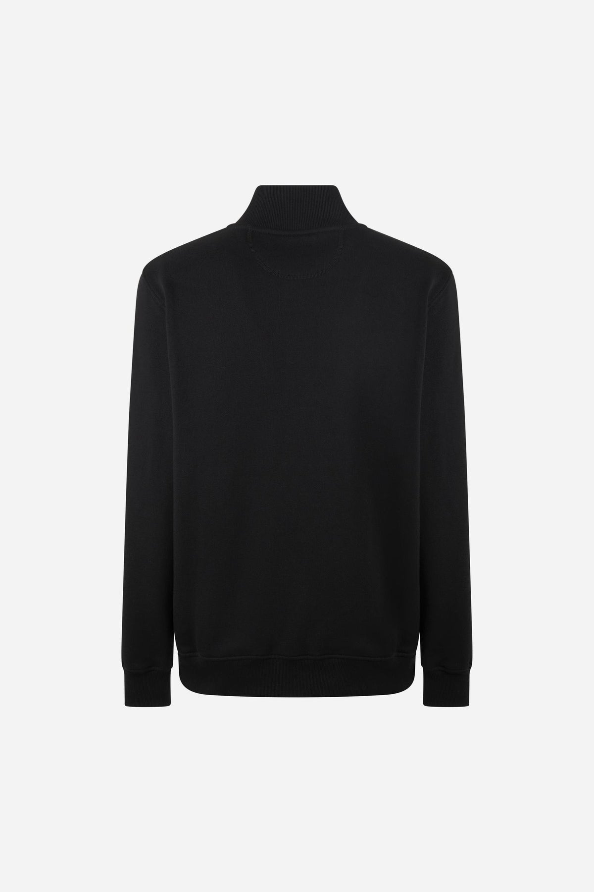 Men's 100% cotton fleece sweatshirt with a high collar, customized zipper, ribbed cuffs and hem, regular fit, and a subtle embroidered logo for comfort and style. - Black