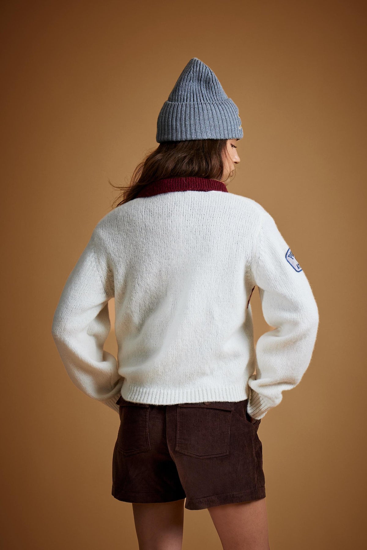 Women's polo collar sweater in alpaca blend with patch - Estella
