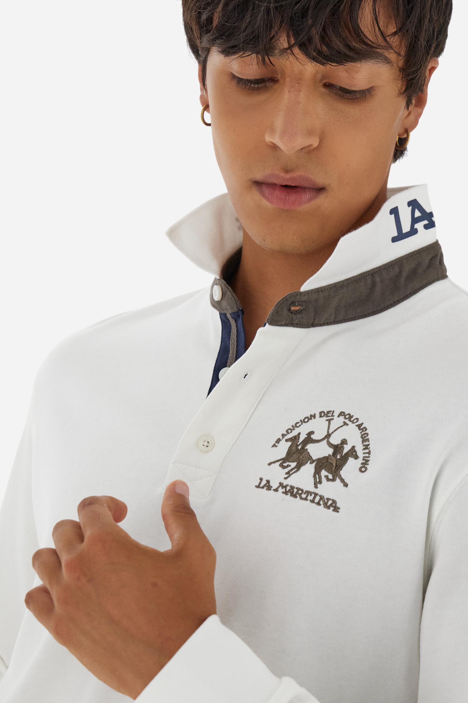 Men’s long-sleeve polo in premium soft-touch cotton jersey for a luxurious feel on the skin. Contrast gabardine details on the collar. Upper collar in tone-on-tone ribbing with printed La Martina lettering undercollar. Three customized buttons, enhanced by a multicolor striped tape on the placket. Contrast embroidered team logo on the chest. Regular fit. Model wears size L. - Off White
