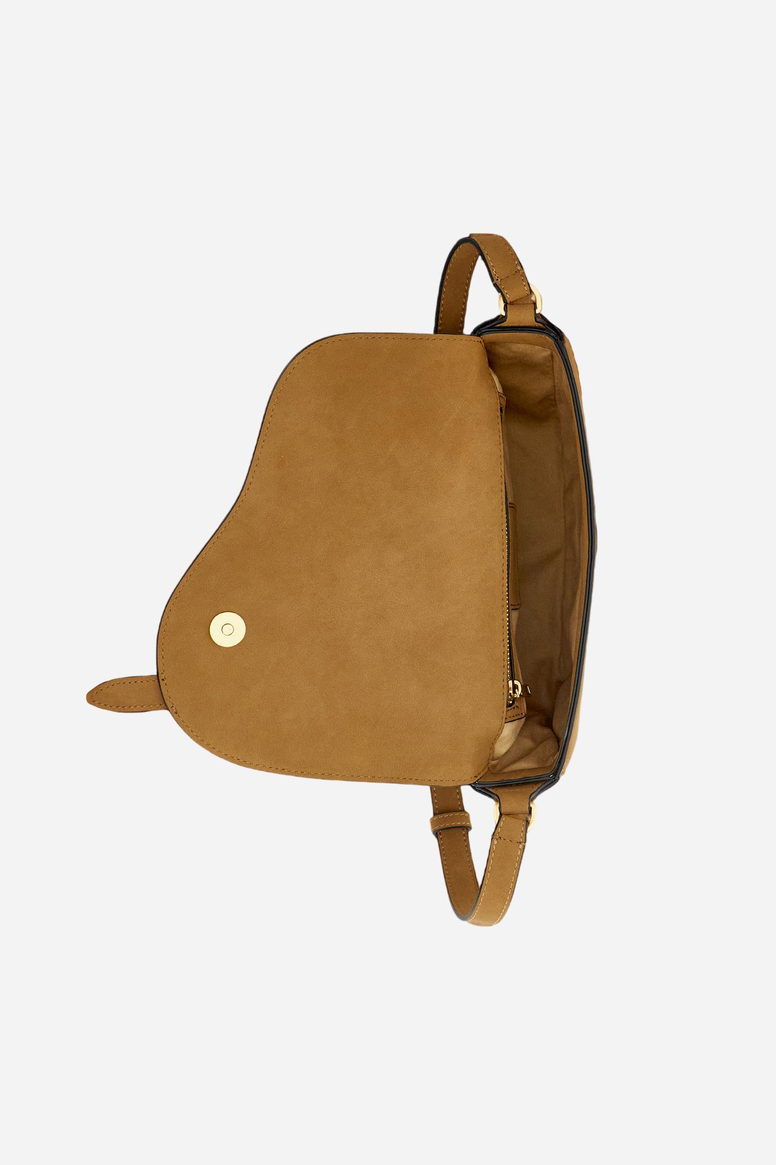 Small crossbody bag in nubuck. Compact and velvety, with flap and golden metal logo buckle. - PALISANDER