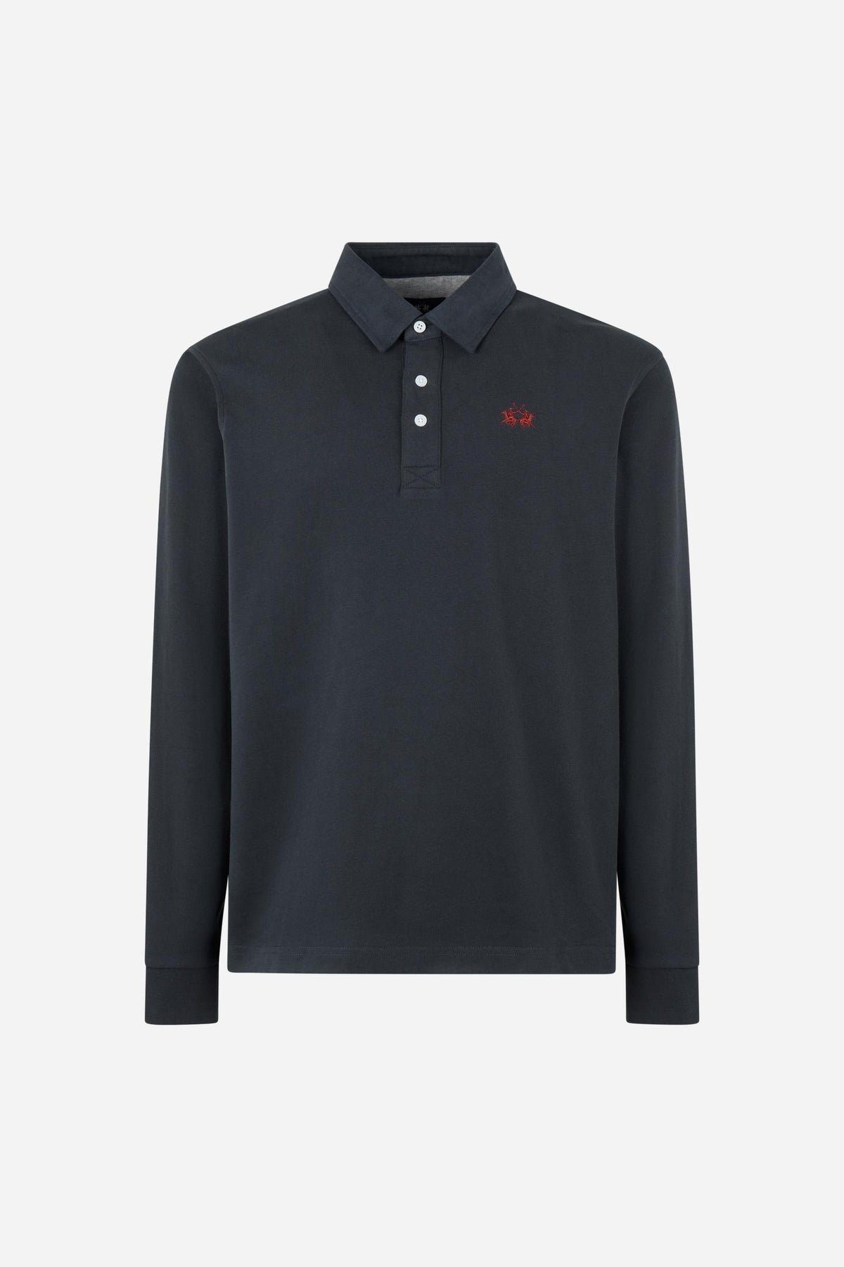 Men's long-sleeve polo made from heavy cotton jersey with ribbed cuffs, contrasting gabardine collar, embroidered logo, and a comfortable regular fit. - Navy Blazer