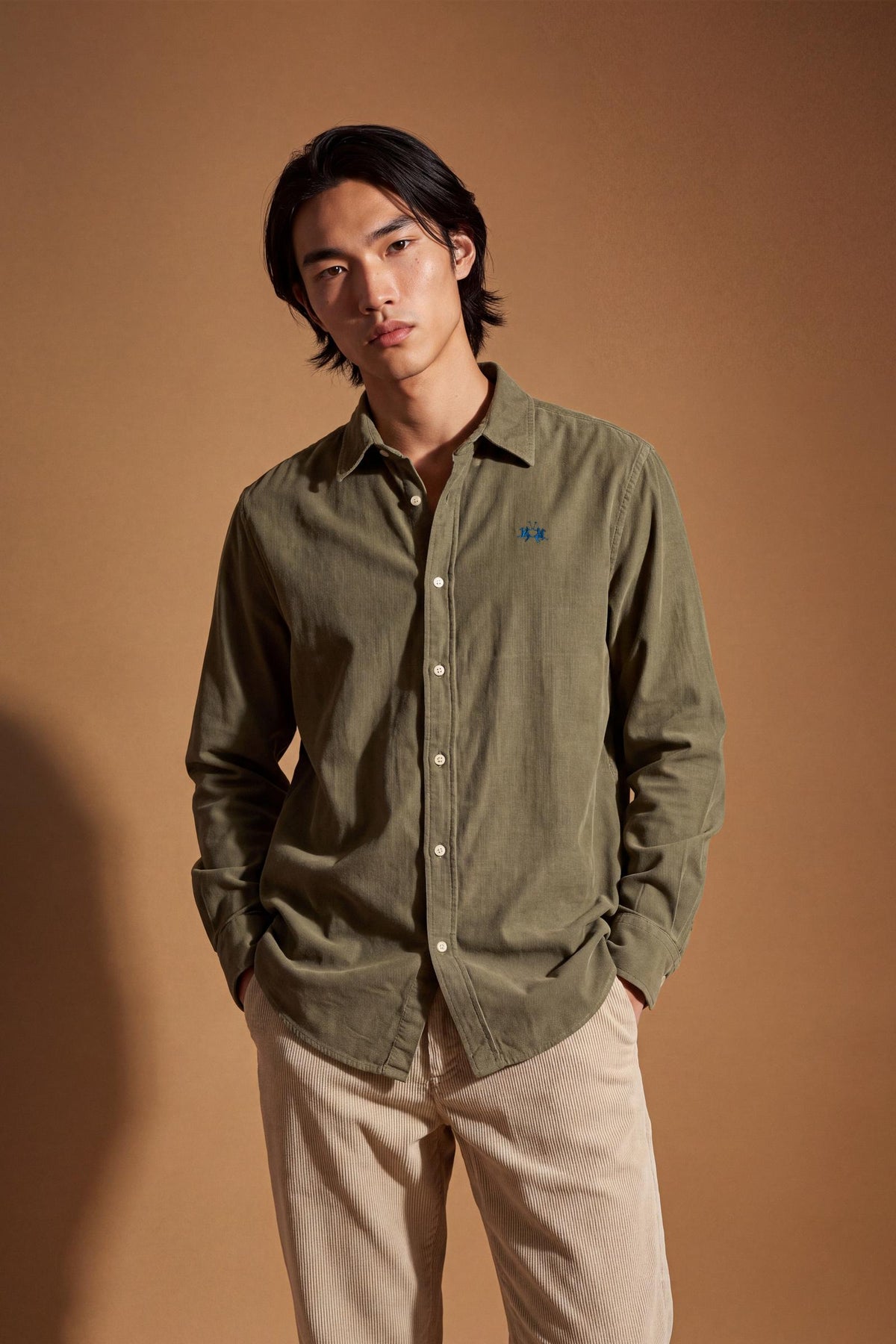 Men’s long-sleeve shirt in soft 100% cotton velvet with regular fit, front button closure, embroidered logo, and a comfortable regular collar for all-day wear. - Olive Night
